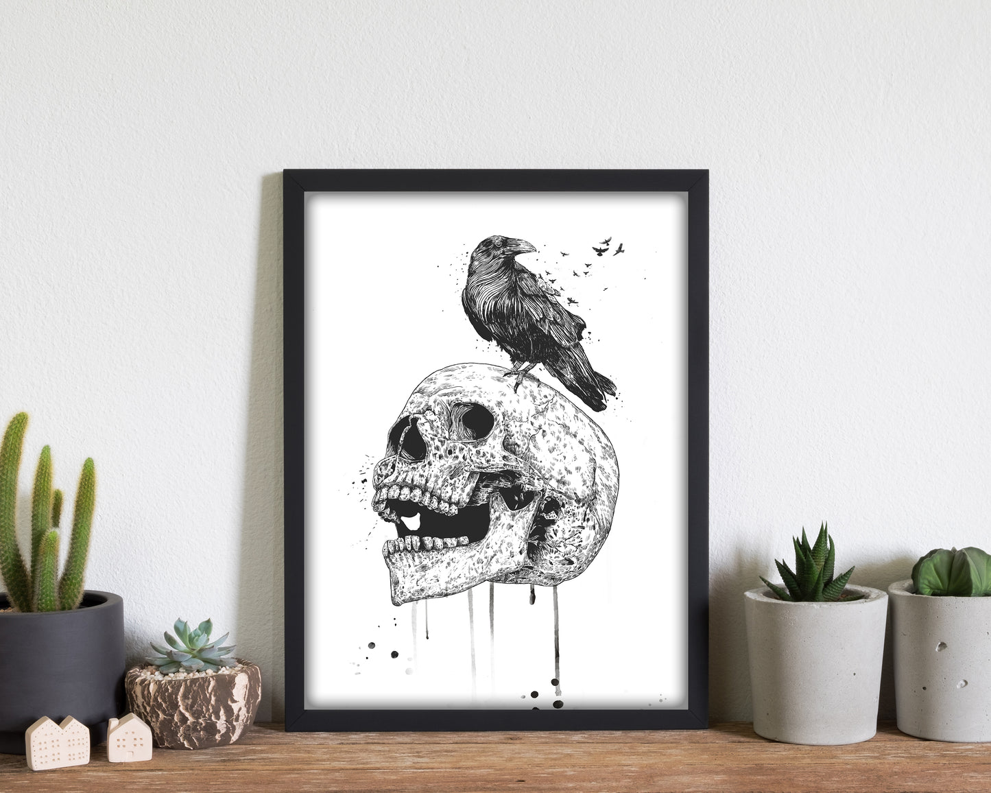 Skull & Raven B&W Animal Art Print by Balaz Solti
