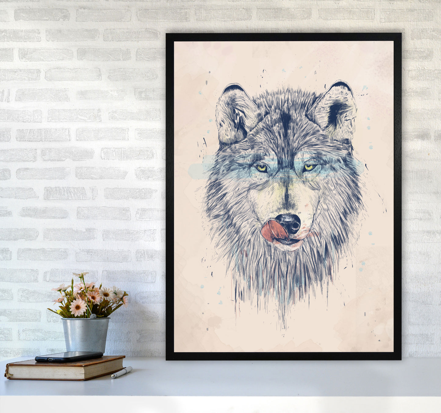 Dinner Time Wolf Animal Art Print by Balaz Solti A1 White Frame