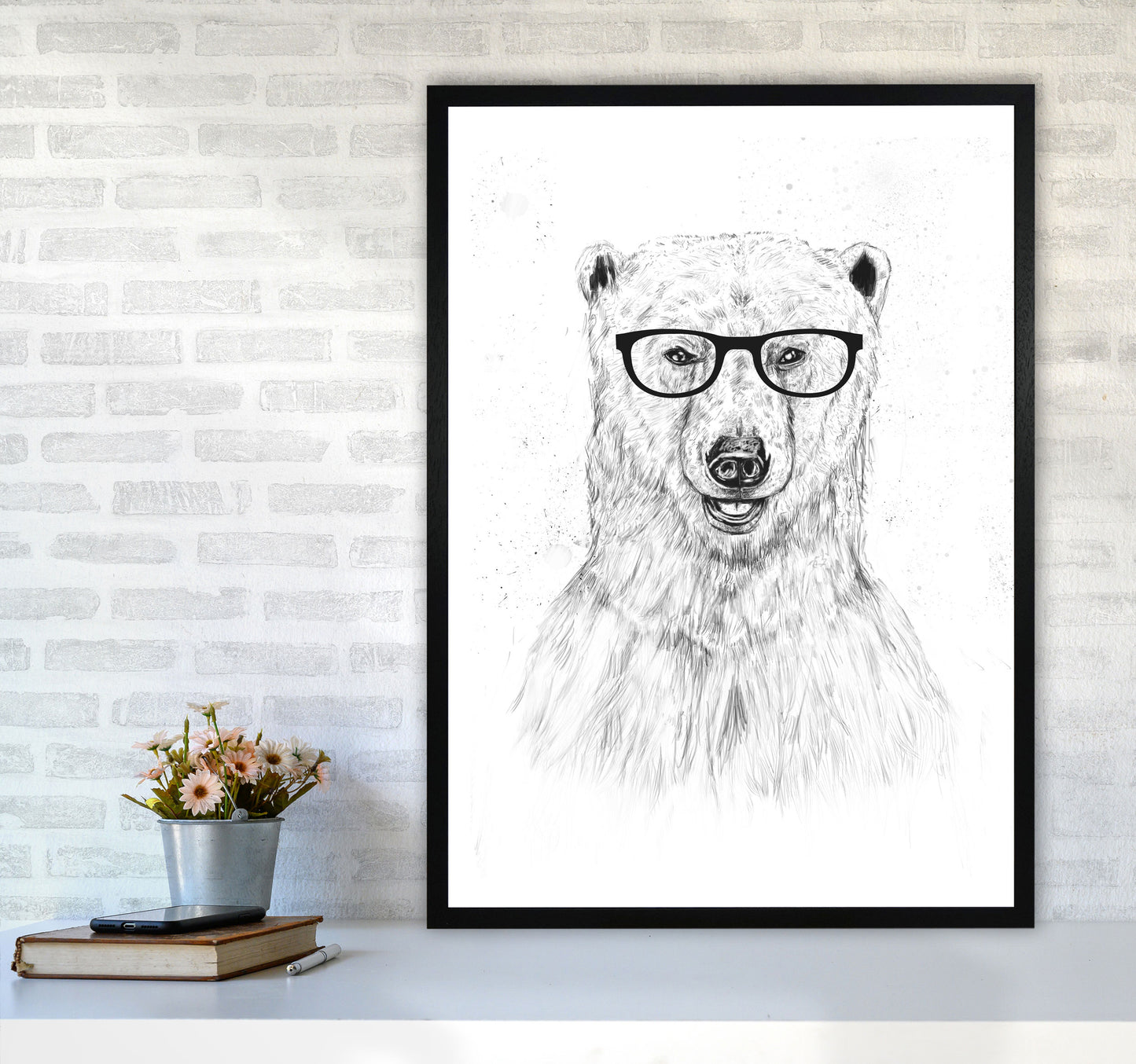 Geeky Bear Animal Art Print by Balaz Solti A1 White Frame