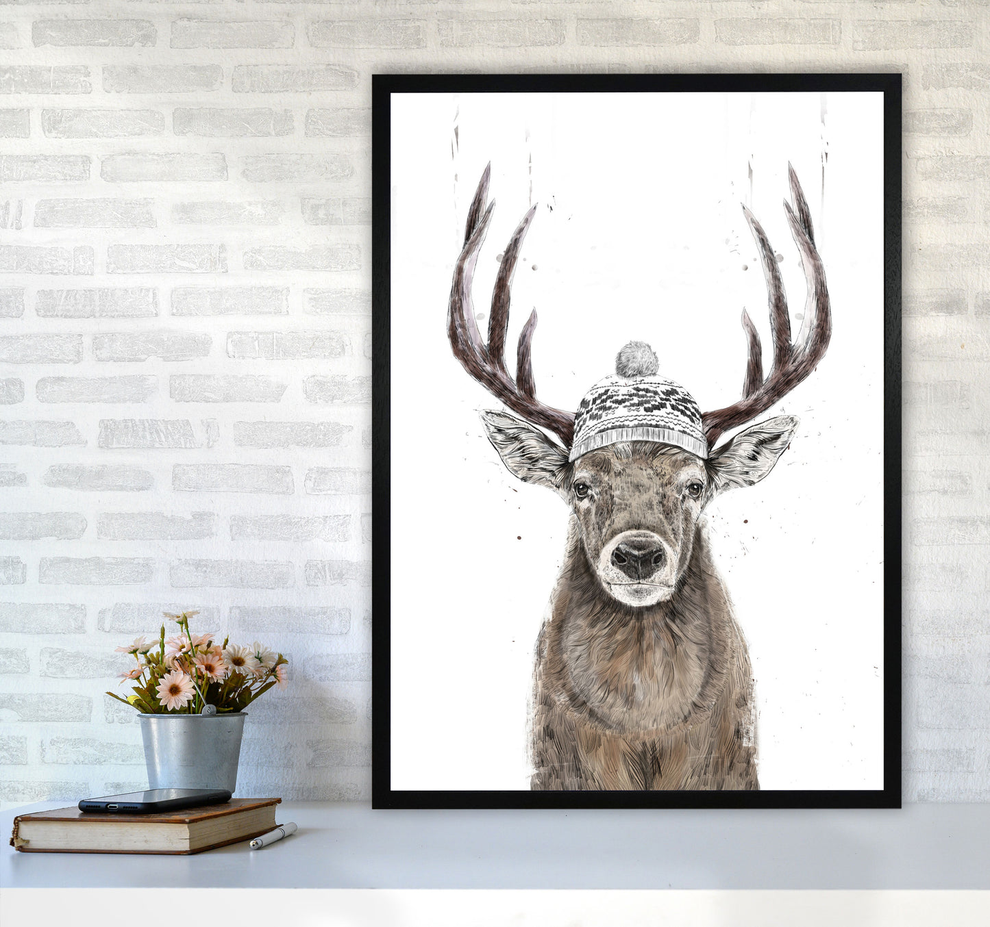 Lets Go Outside Reindeer Animal Art Print by Balaz Solti A1 White Frame