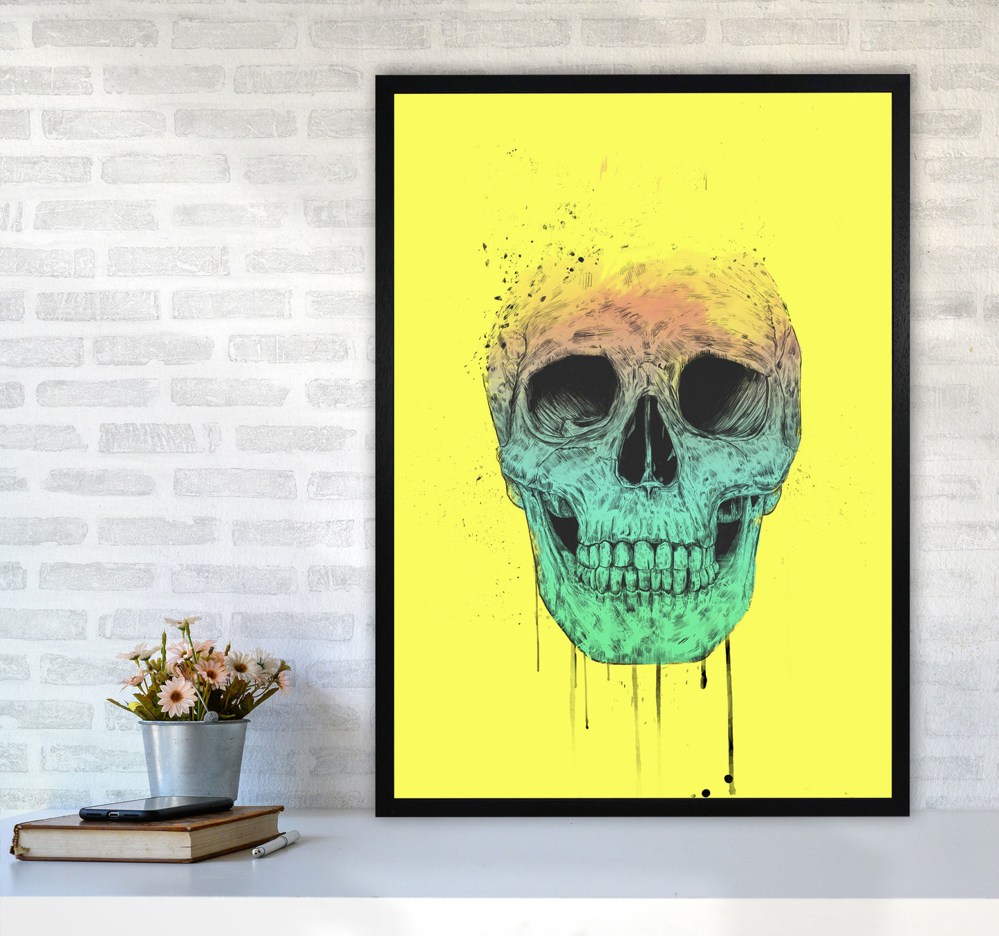 Yellow Pop Art Skull Art Print by Balaz Solti A1 White Frame