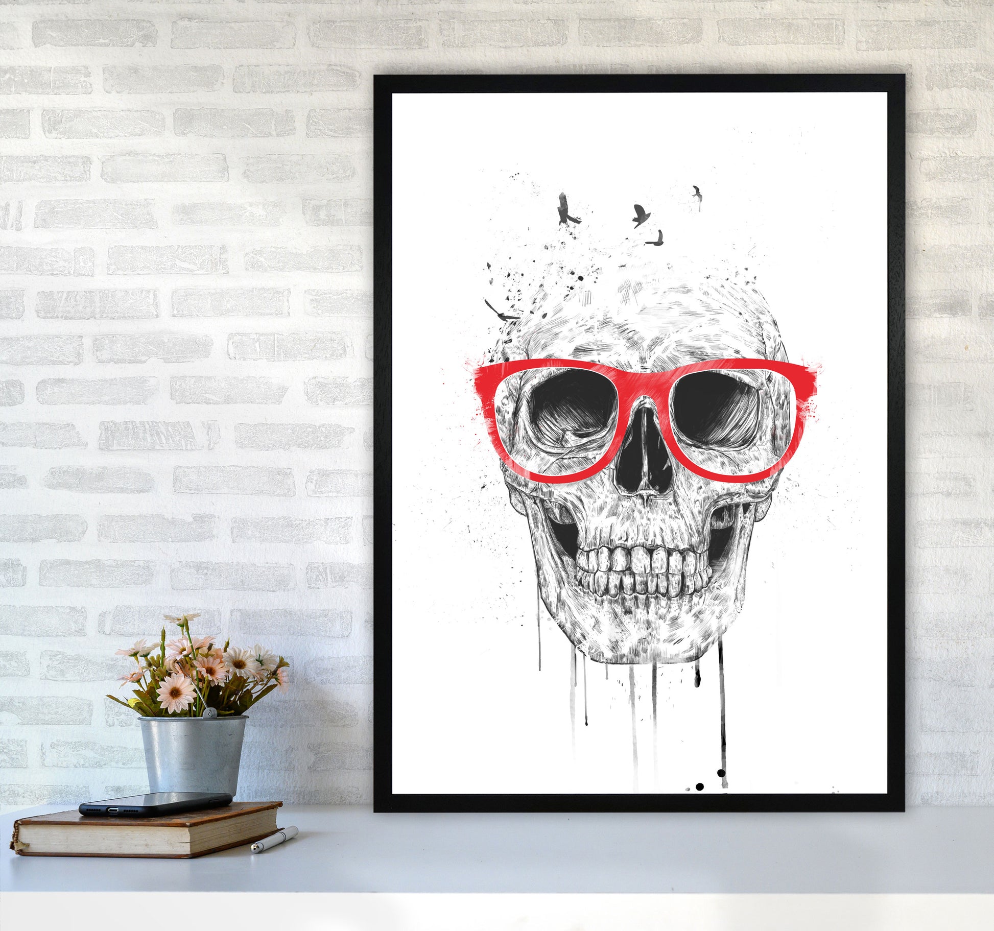 Skull With Red Glasses Art Print by Balaz Solti A1 White Frame
