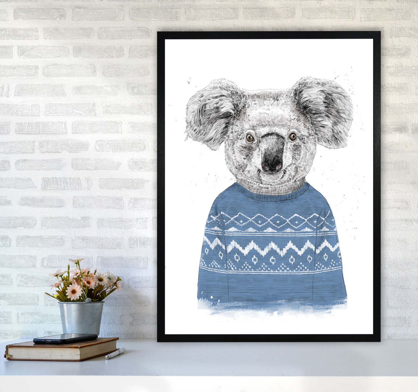 Winter Koala Blue Animal Art Print by Balaz Solti A1 White Frame