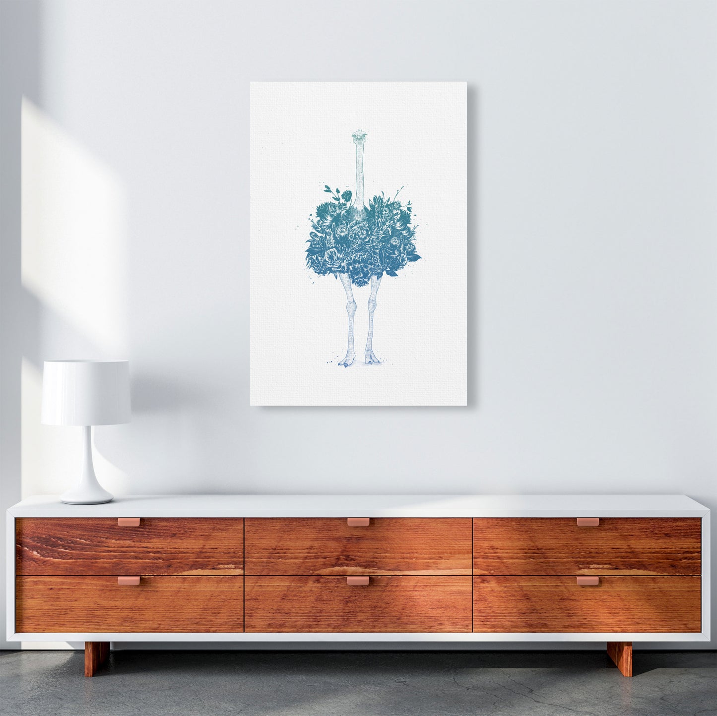 Floral Ostrich Teal Animal Art Print by Balaz Solti A1 Canvas