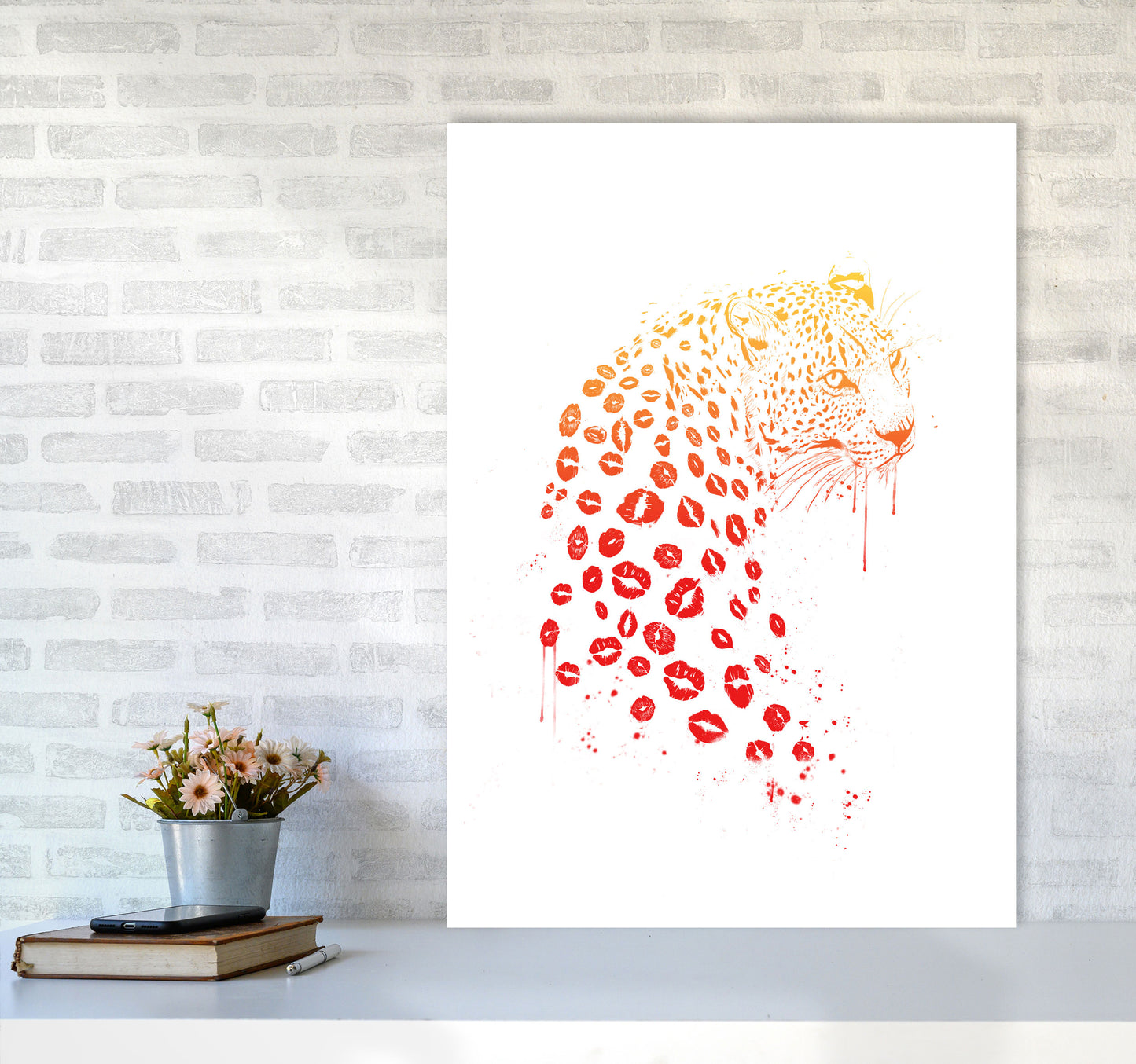 Kiss Me Leopard Animal Art Print by Balaz Solti A1 Black Frame