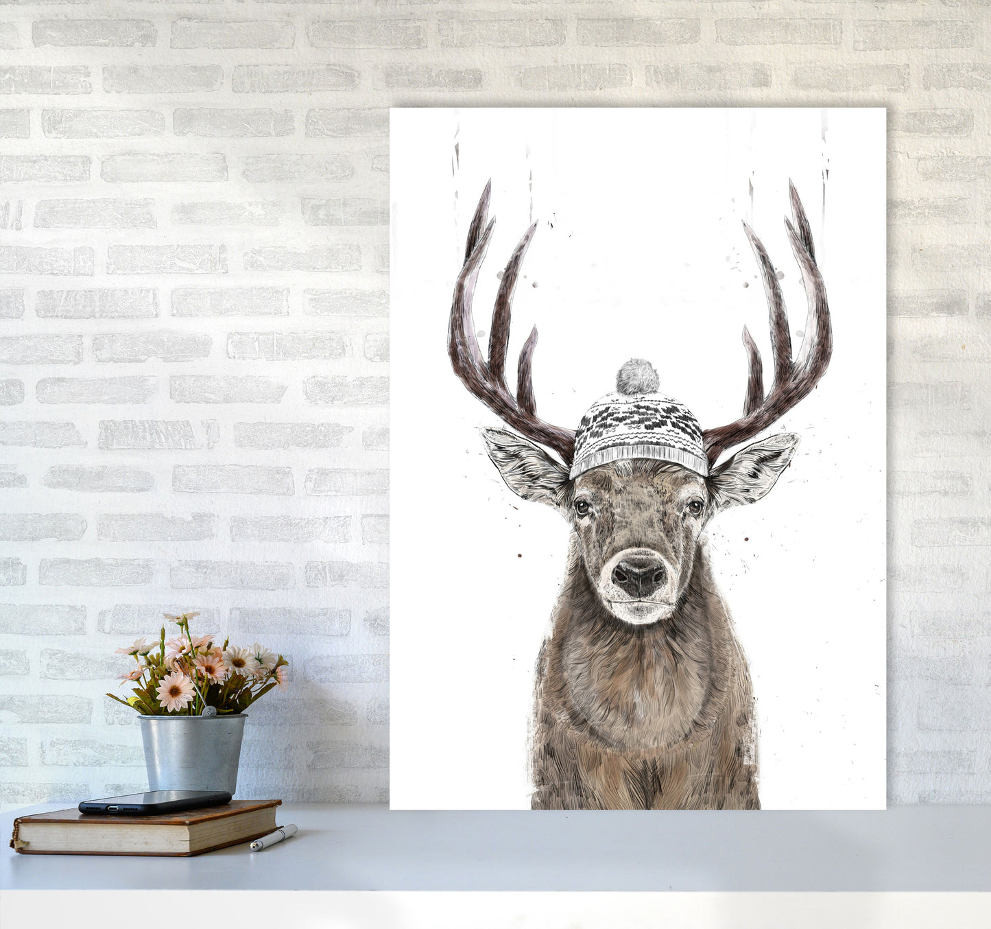 Lets Go Outside Reindeer Animal Art Print by Balaz Solti A1 Black Frame