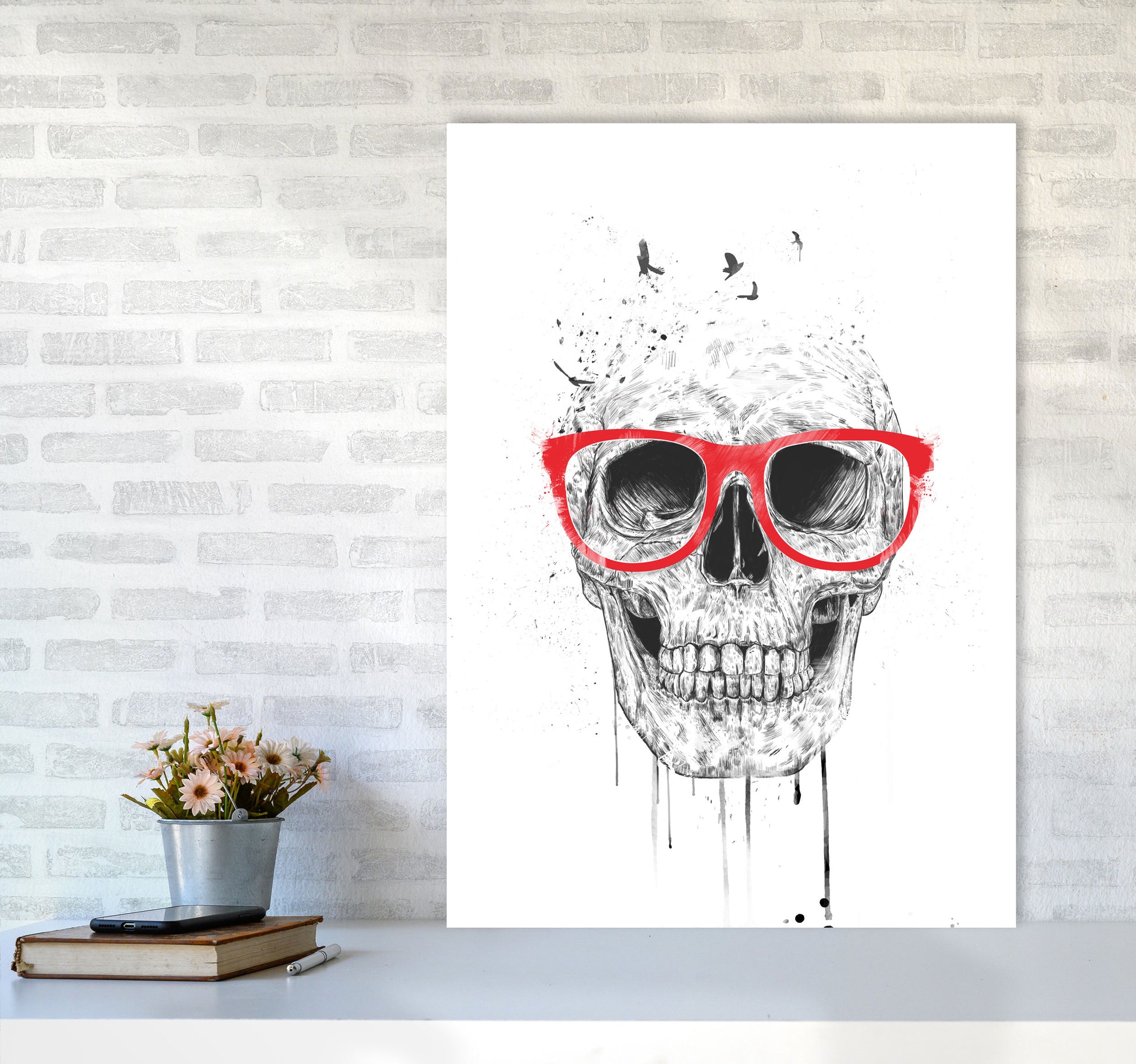 Skull With Red Glasses Art Print by Balaz Solti A1 Black Frame