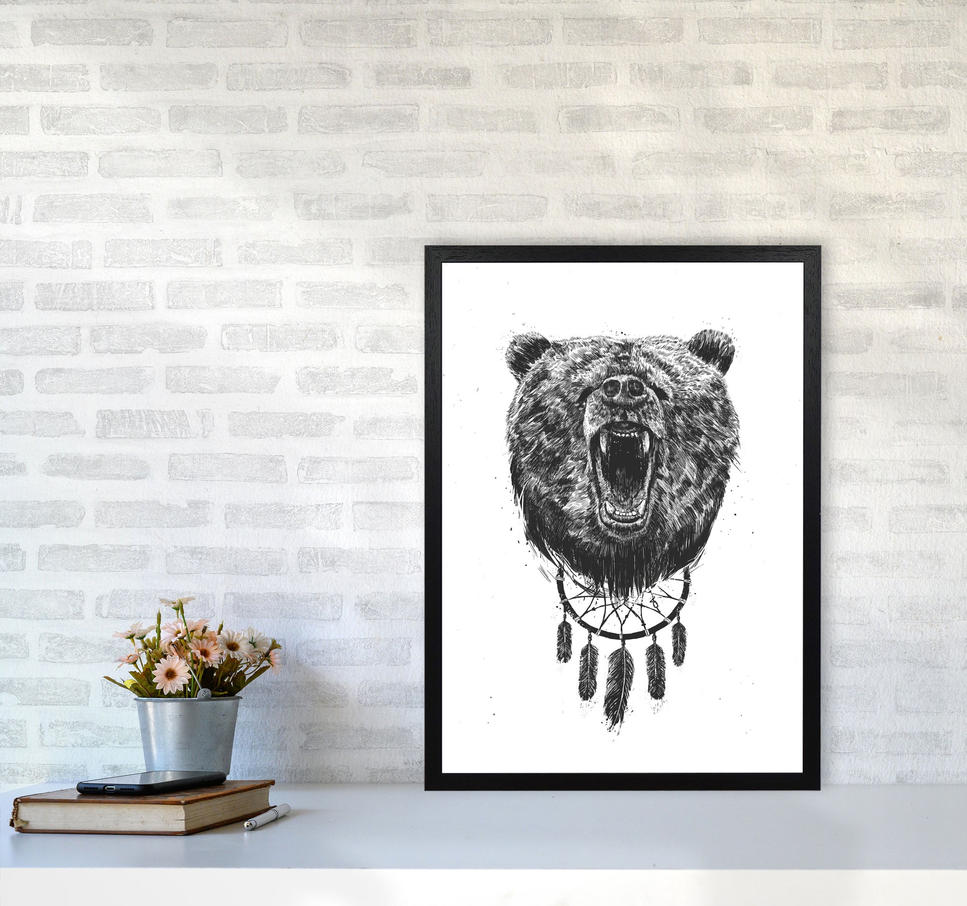 Don't Wake The Bear Animal Art Print by Balaz Solti A2 White Frame