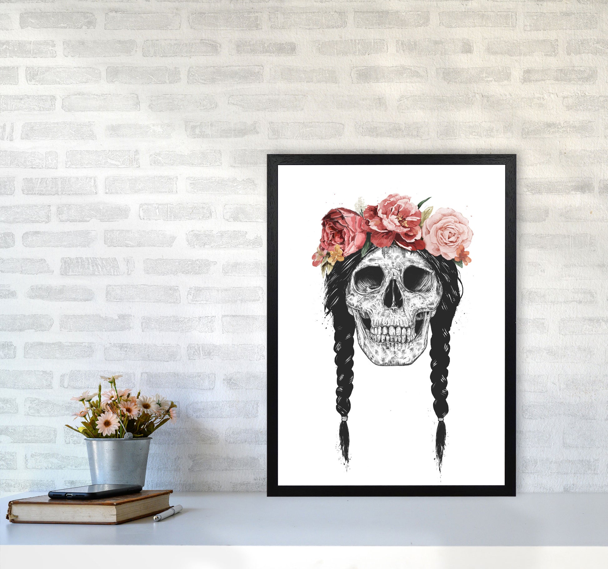 Festival Floral Skull Art Print by Balaz Solti A2 White Frame