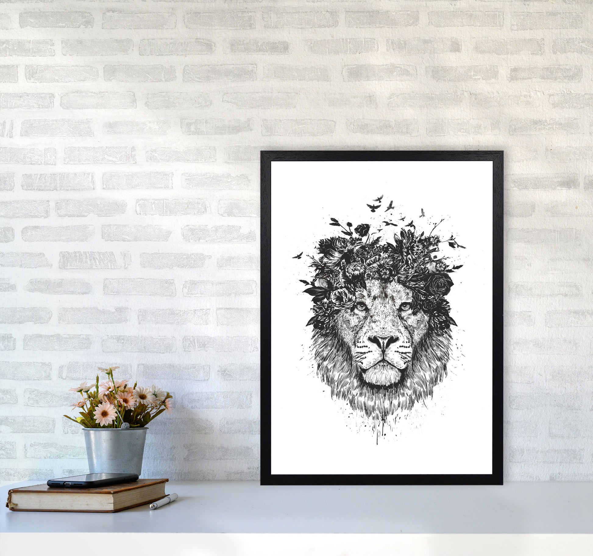 Floral Lion B&W Animal Art Print by Balaz Solti A2 White Frame