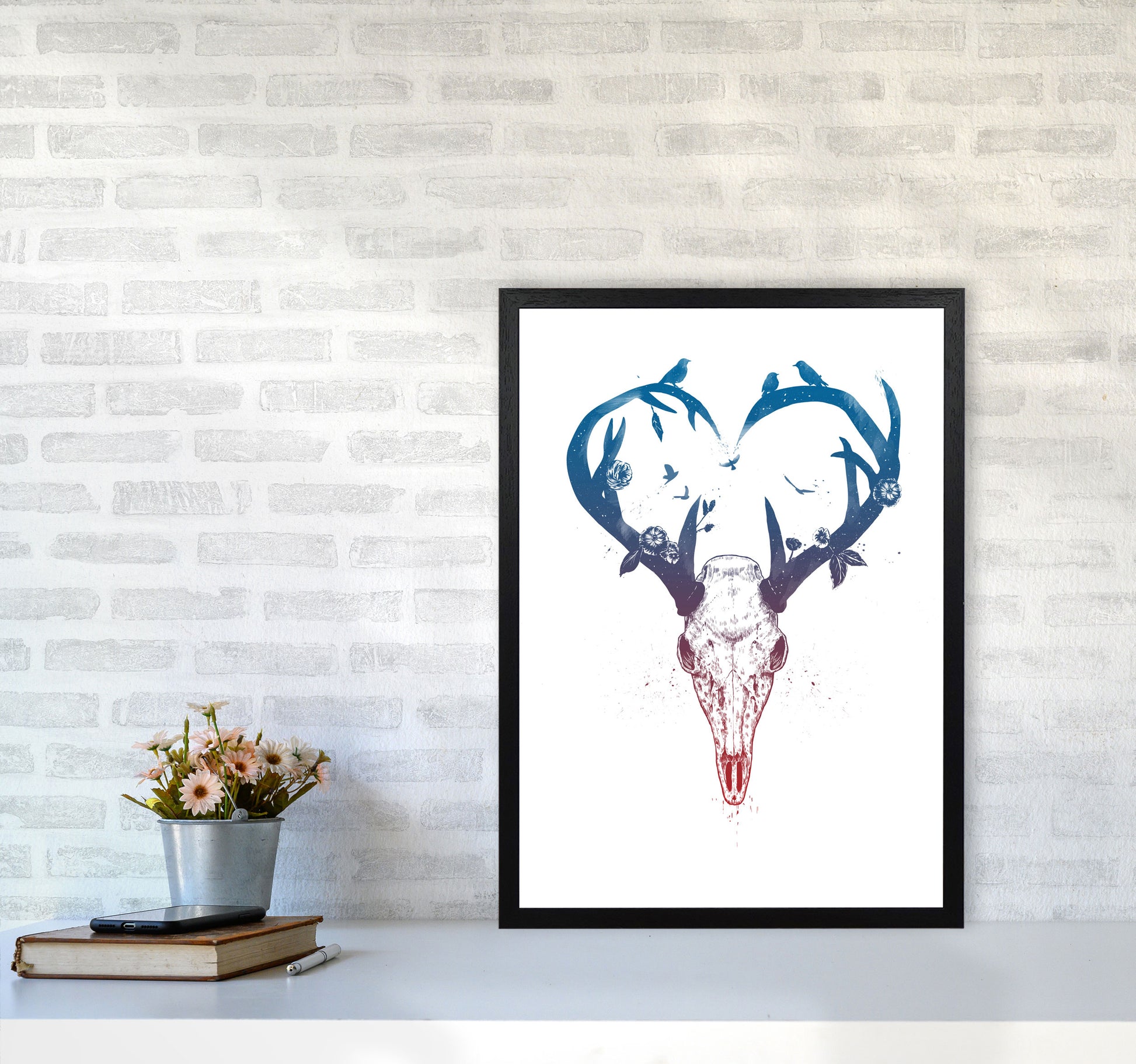 Never-ending Love Deer Skull Animal Art Print by Balaz Solti A2 White Frame