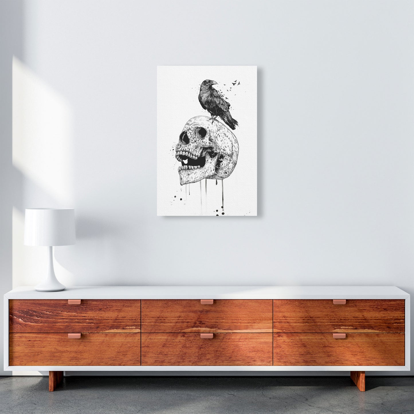 Skull & Raven B&W Animal Art Print by Balaz Solti A2 Canvas