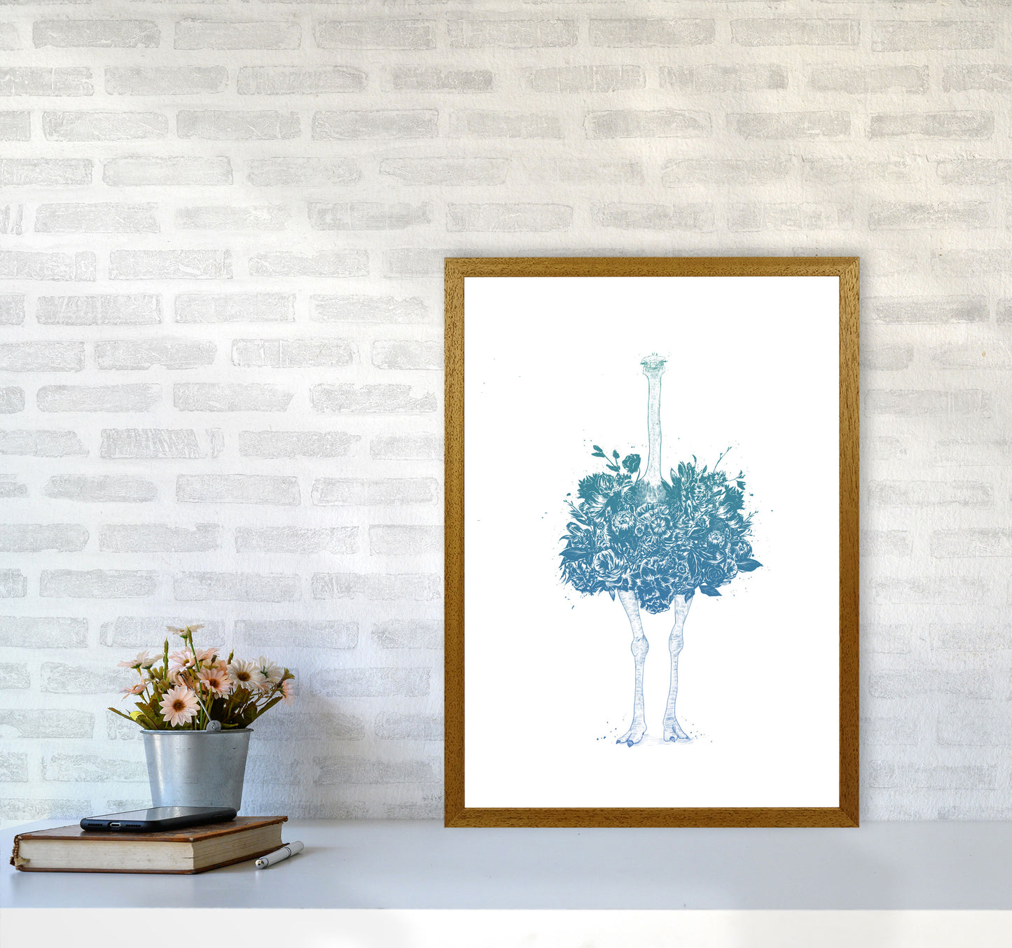 Floral Ostrich Teal Animal Art Print by Balaz Solti A2 Print Only