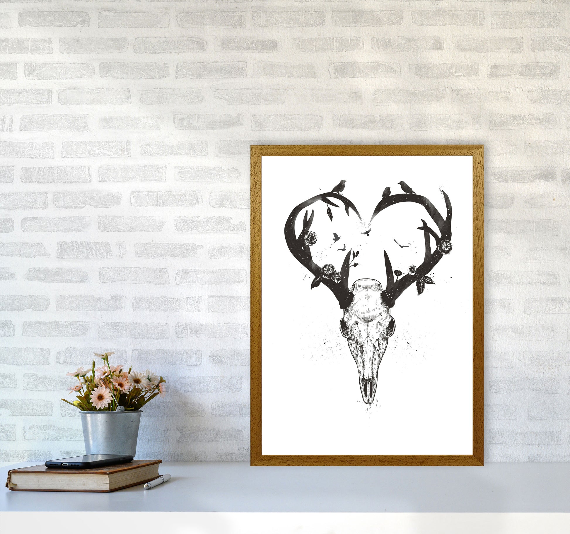 Never-ending Love Deer Skull B&W Animal Art Print by Balaz Solti A2 Print Only