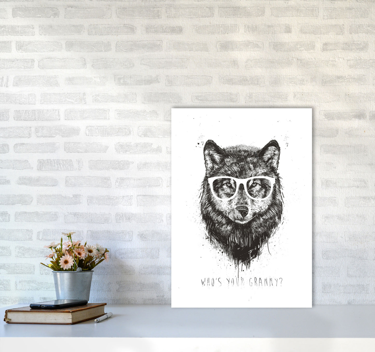 Who's Your Granny? Wolf B&W Animal Art Print by Balaz Solti A2 Black Frame