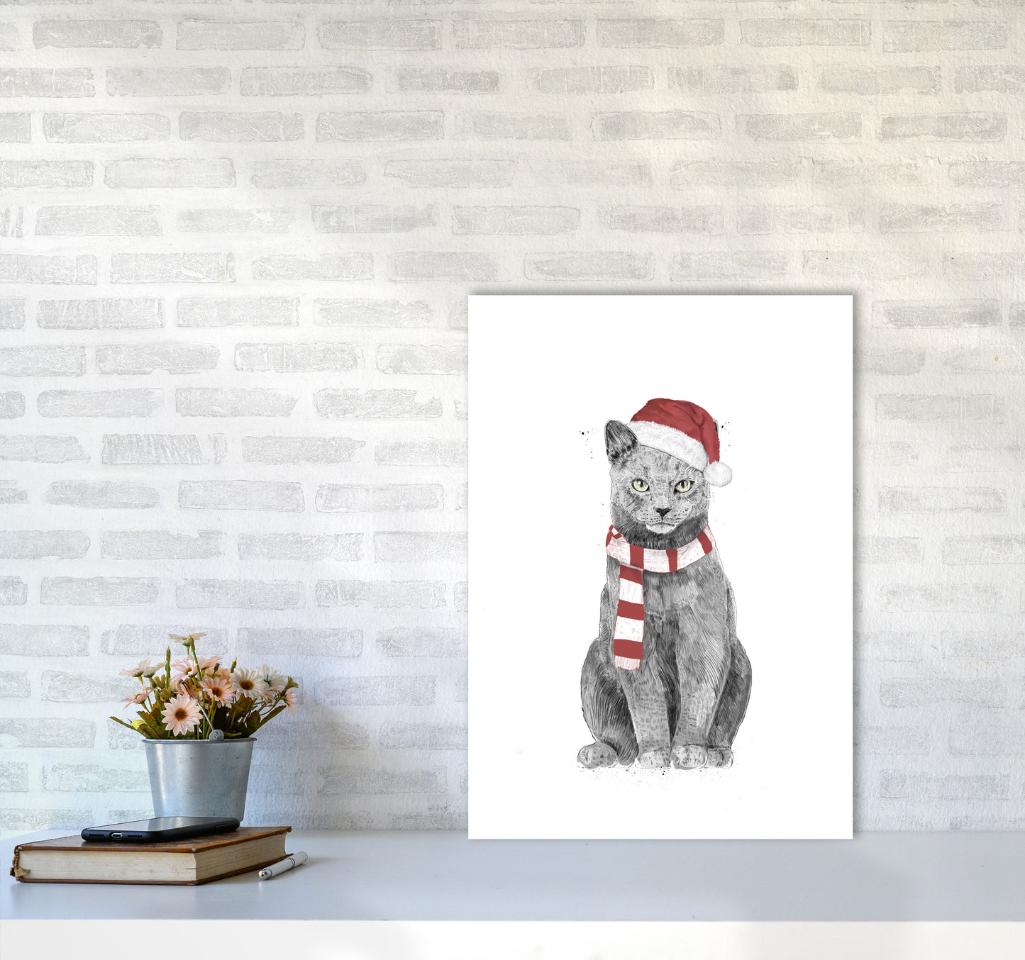 Christmas Cat Animal Art Print by Balaz Solti A2 Black Frame
