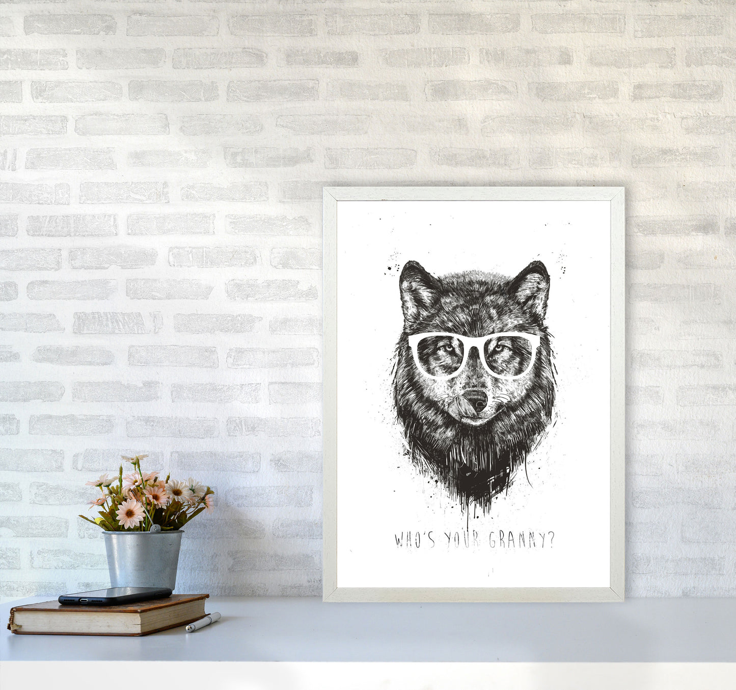 Who's Your Granny? Wolf B&W Animal Art Print by Balaz Solti A2 Oak Frame