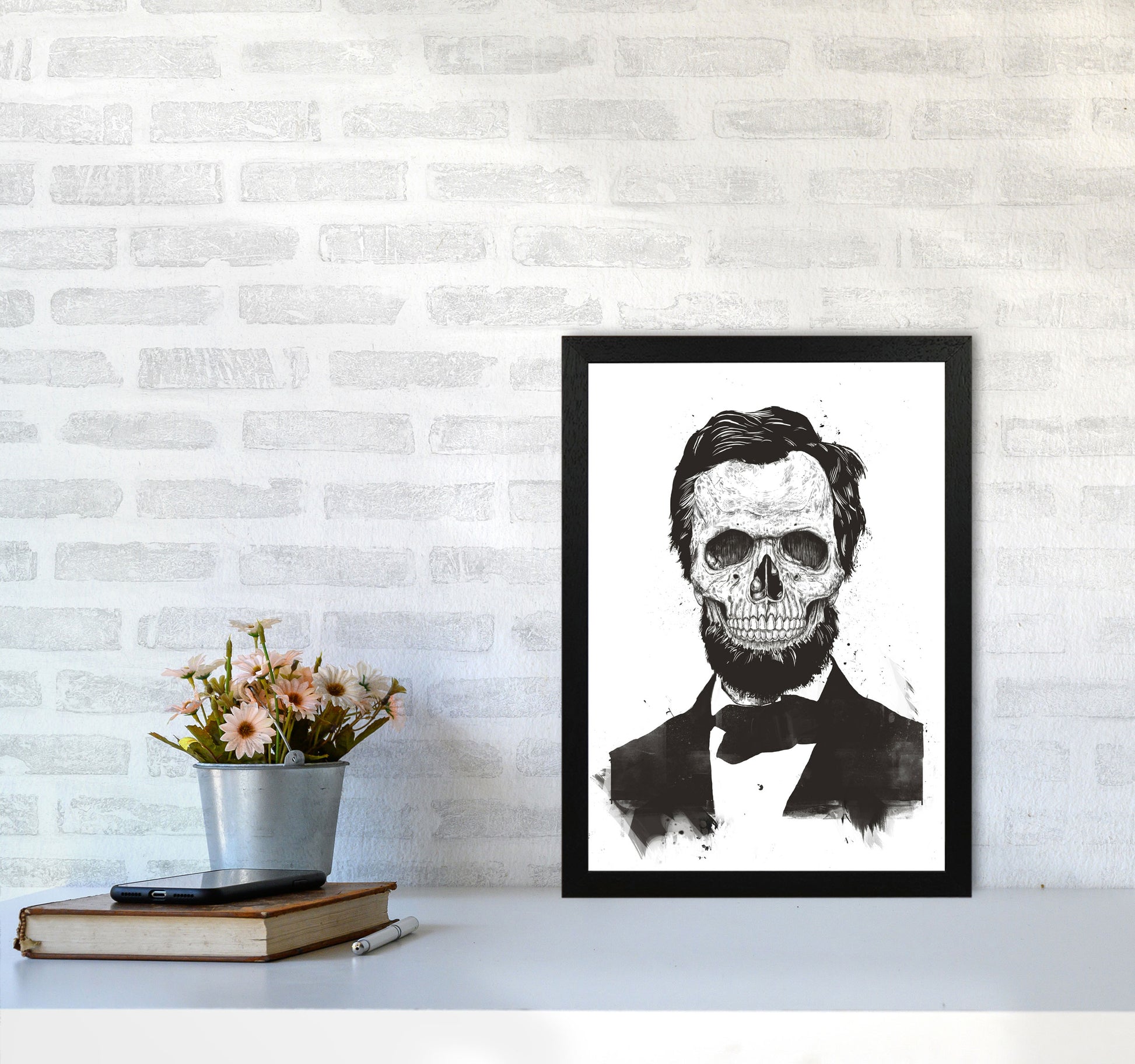 Dead Lincoln Skull B&W Modern Art Print by Balaz Solti A3 White Frame