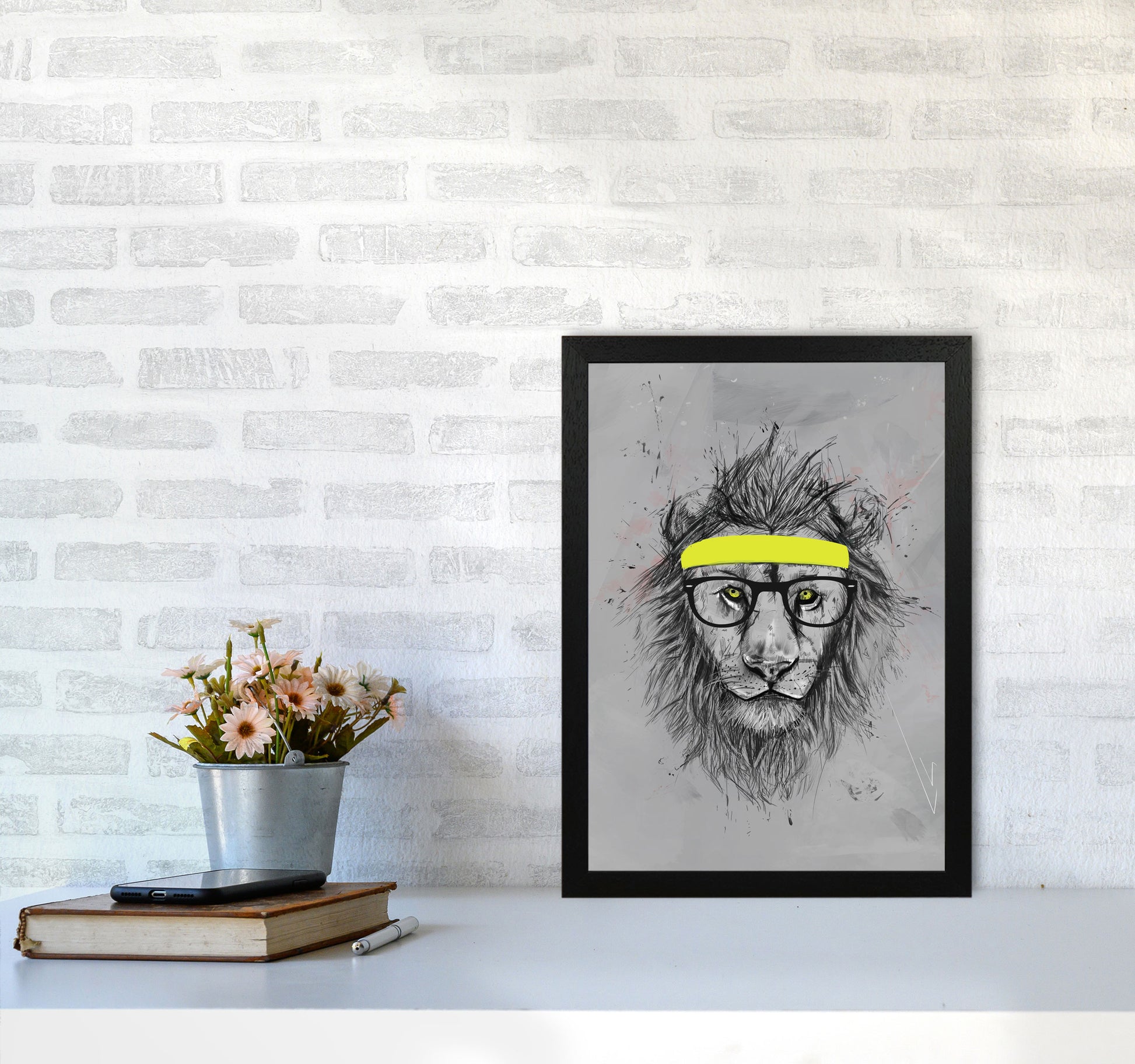 Hipster Lion Animal Art Print by Balaz Solti A3 White Frame