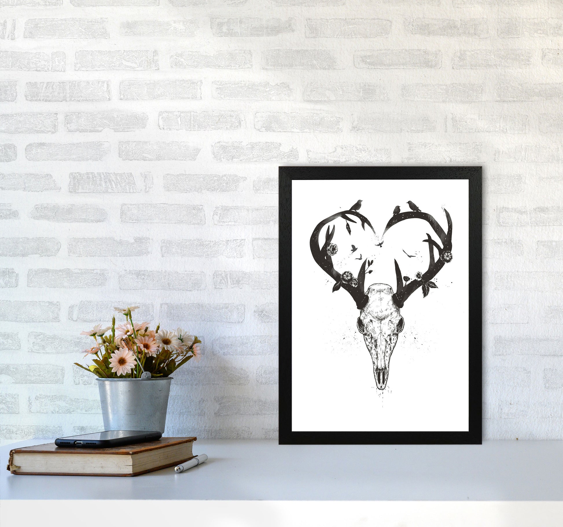 Never-ending Love Deer Skull B&W Animal Art Print by Balaz Solti A3 White Frame