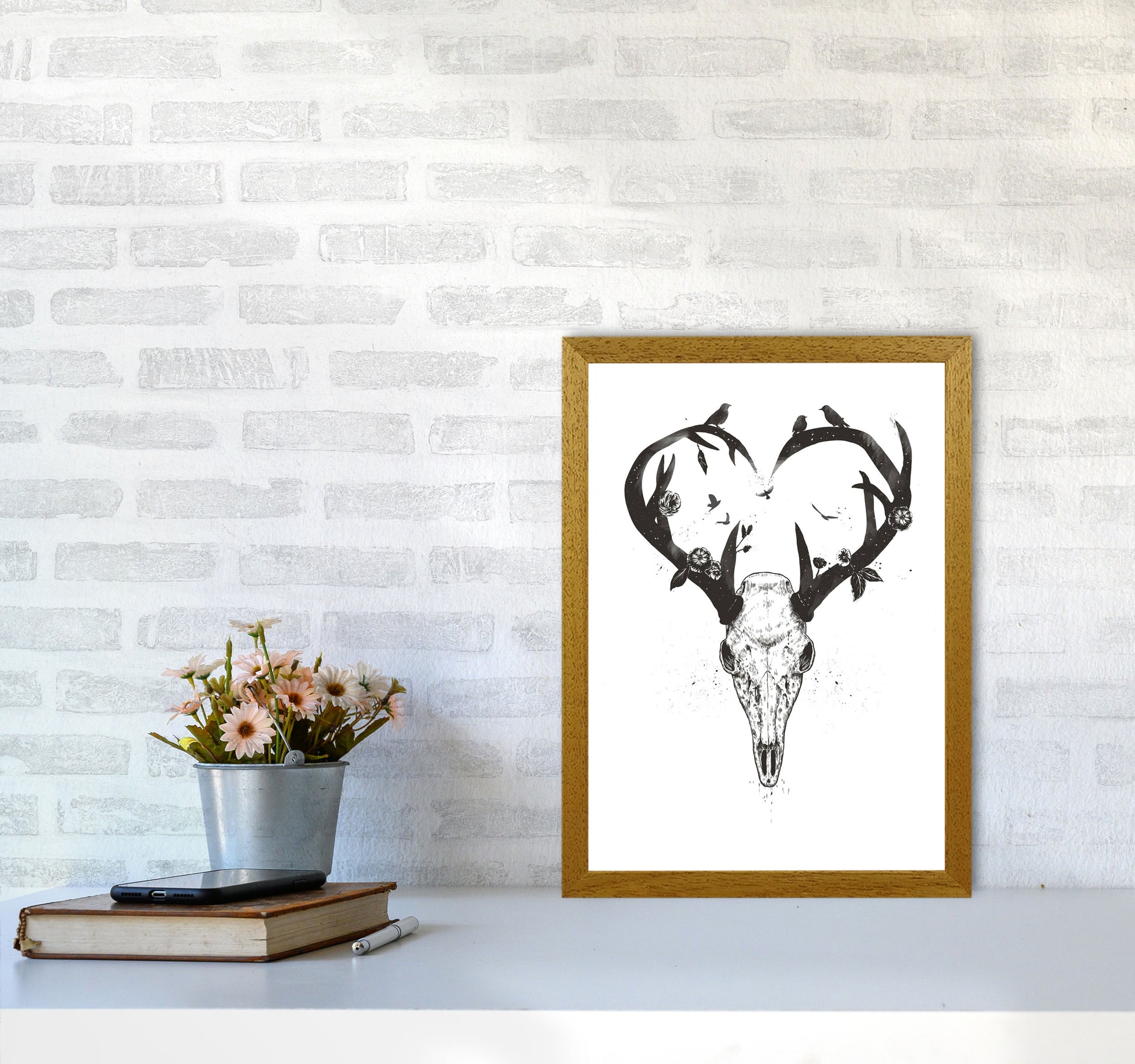 Never-ending Love Deer Skull B&W Animal Art Print by Balaz Solti A3 Print Only
