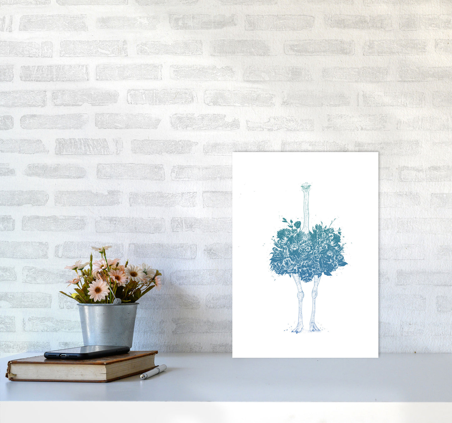 Floral Ostrich Teal Animal Art Print by Balaz Solti A3 Black Frame