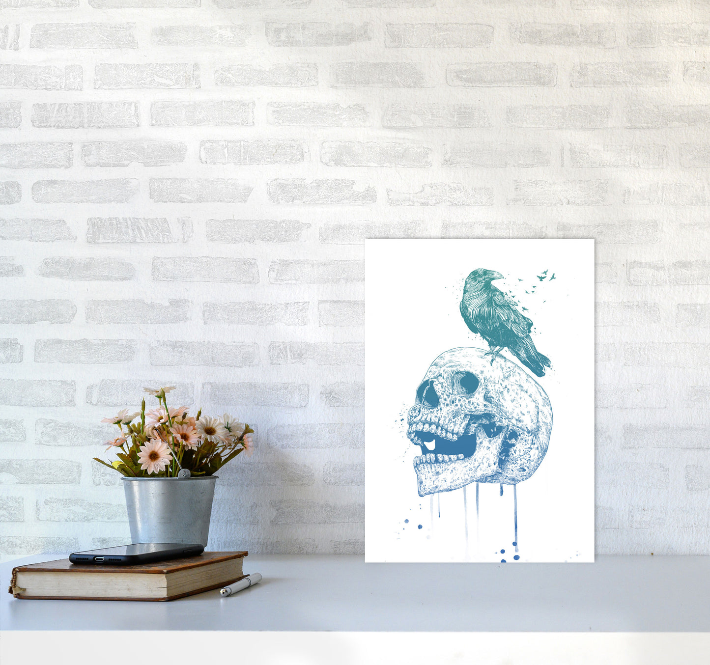 Skull & Raven Colour Animal Art Print by Balaz Solti A3 Black Frame