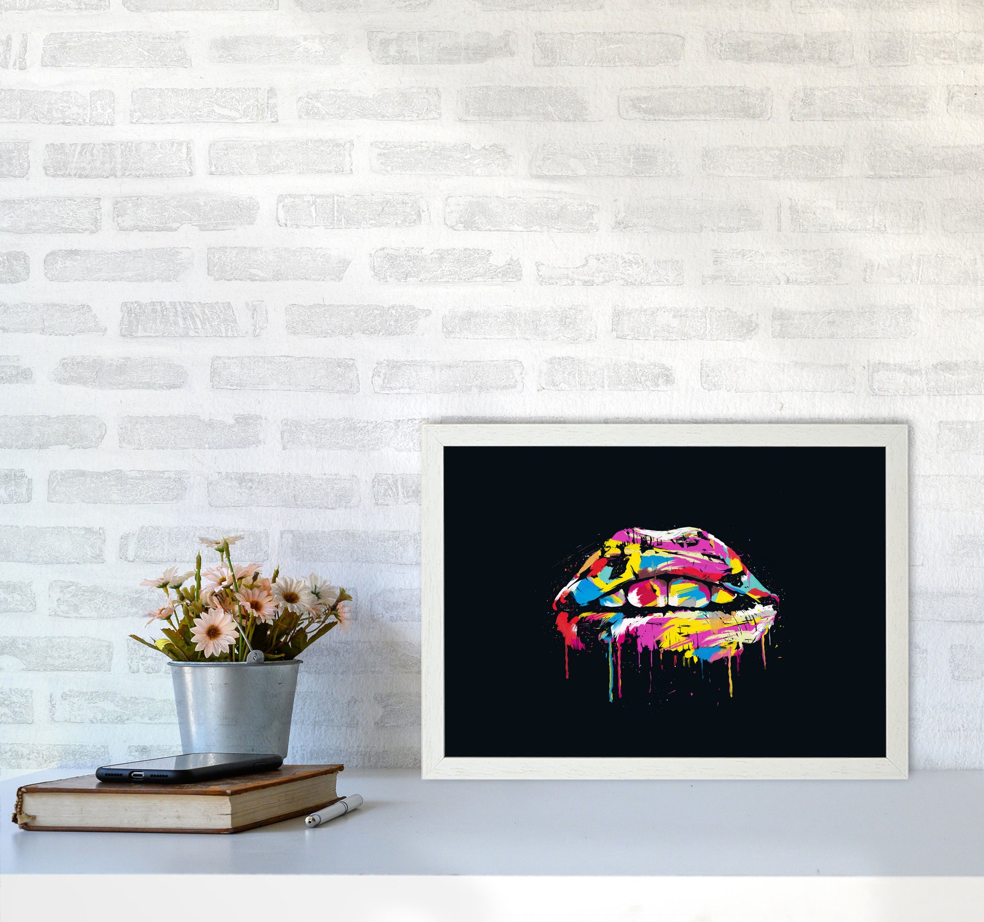 Colourful Lips Modern Art Print by Balaz Solti A3 Oak Frame