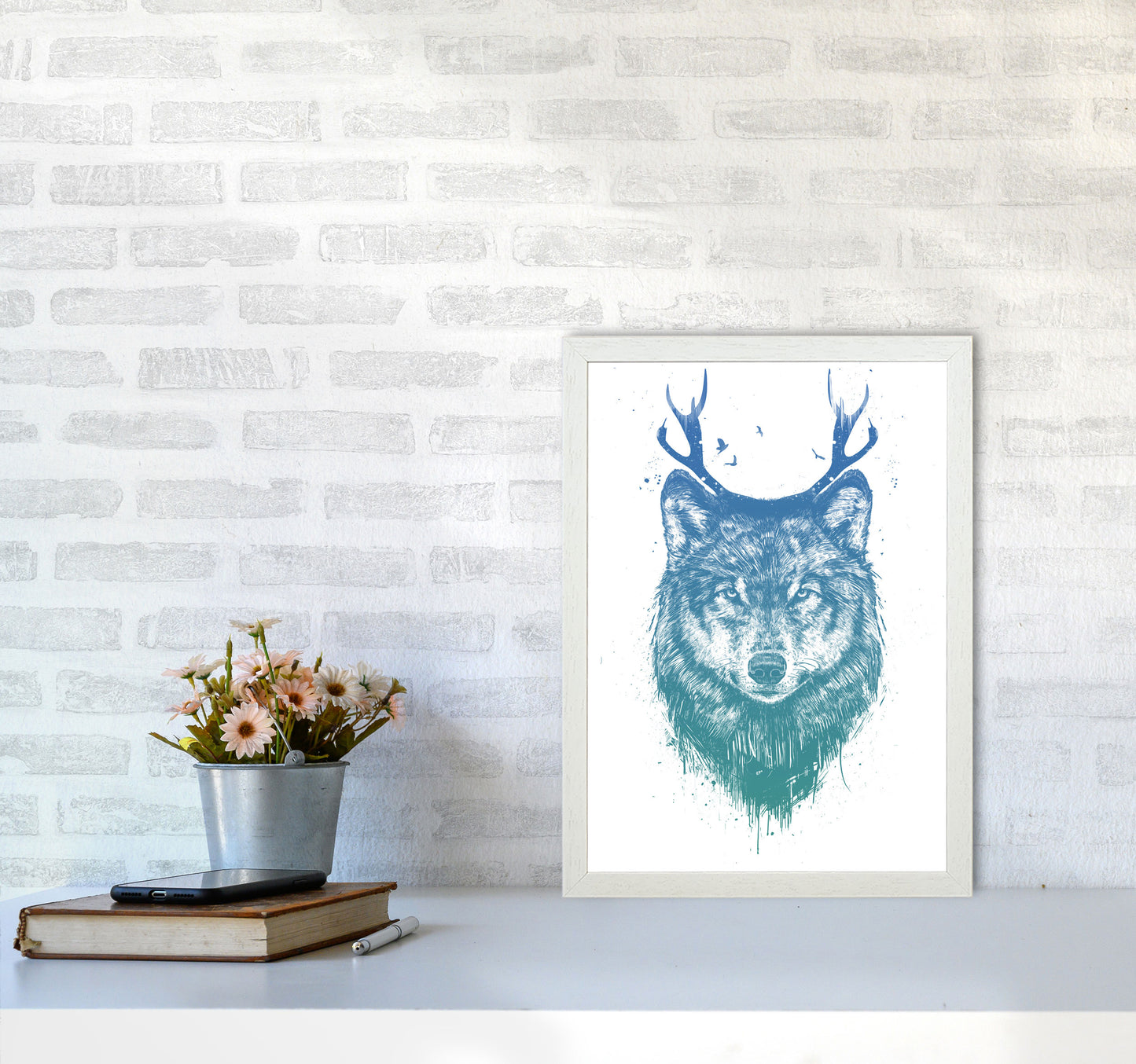 Deer Wolf Animal Art Print by Balaz Solti A3 Oak Frame