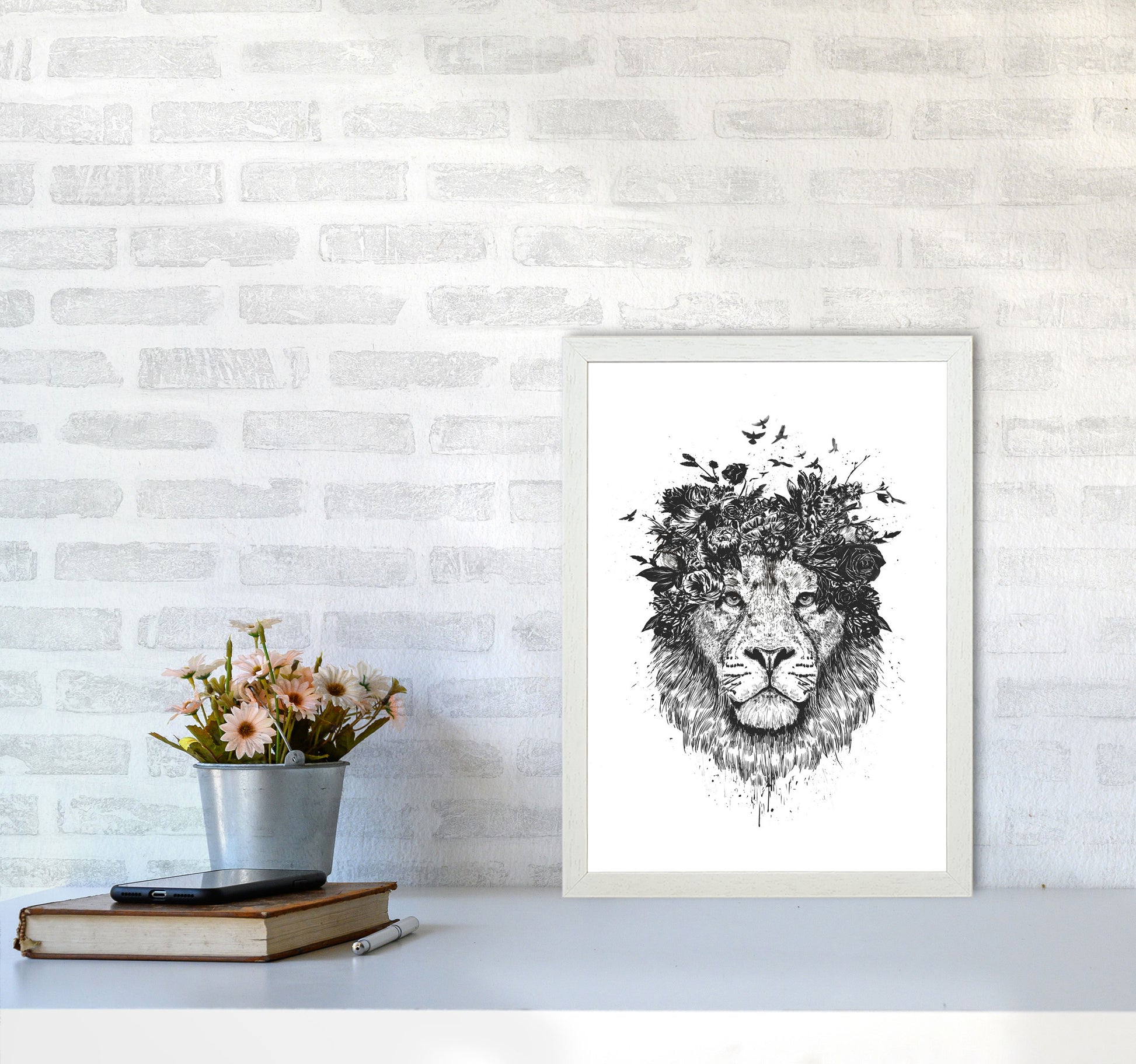 Floral Lion B&W Animal Art Print by Balaz Solti A3 Oak Frame