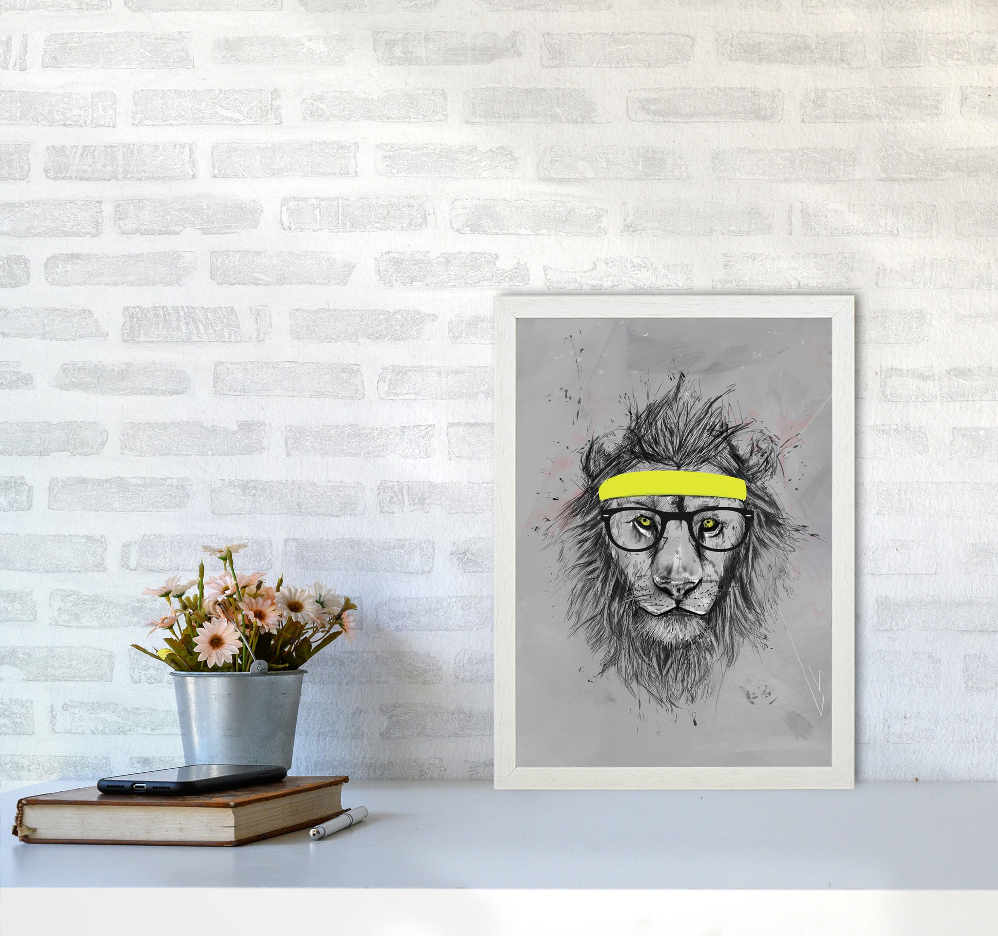 Hipster Lion Animal Art Print by Balaz Solti A3 Oak Frame