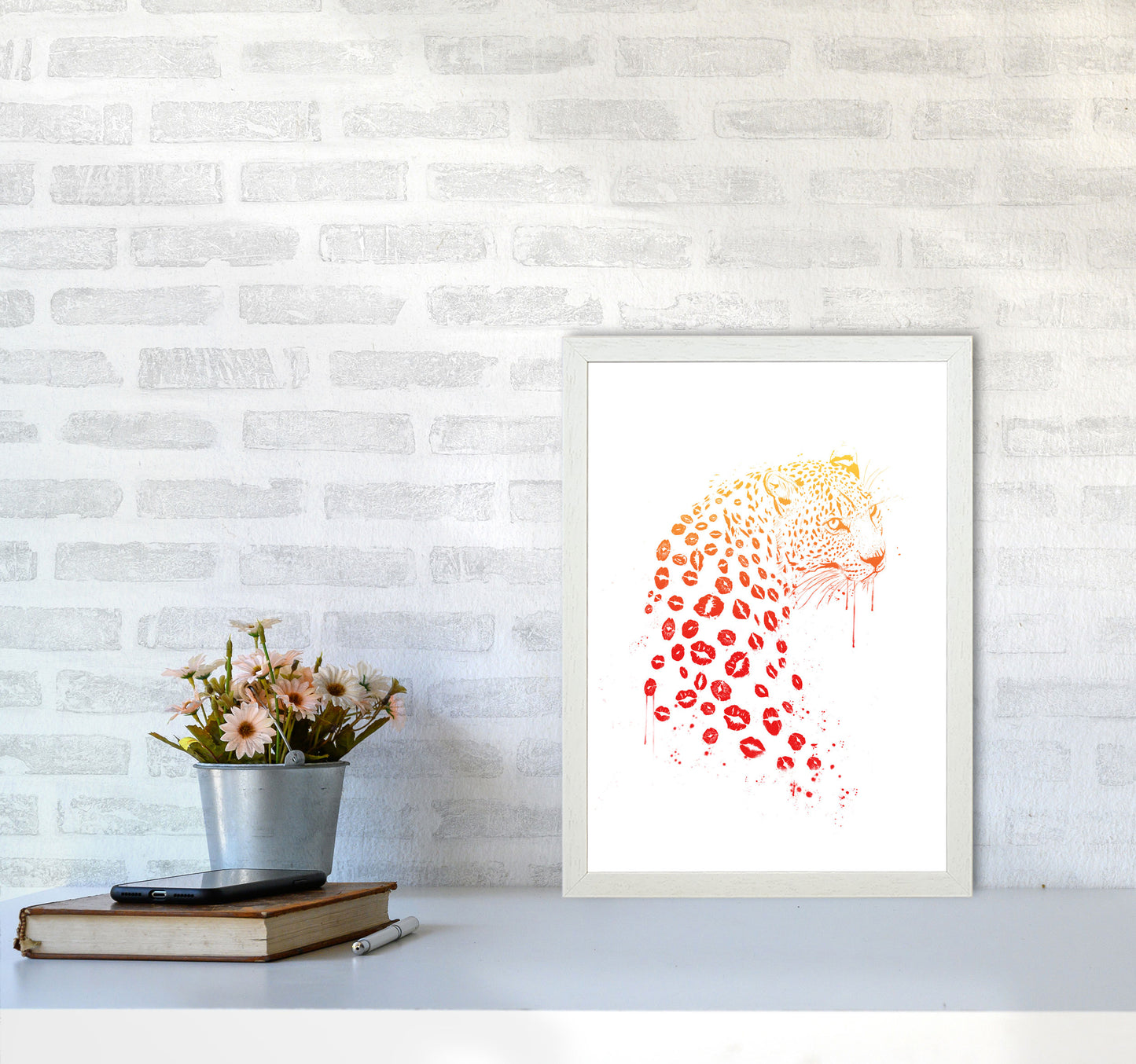 Kiss Me Leopard Animal Art Print by Balaz Solti A3 Oak Frame