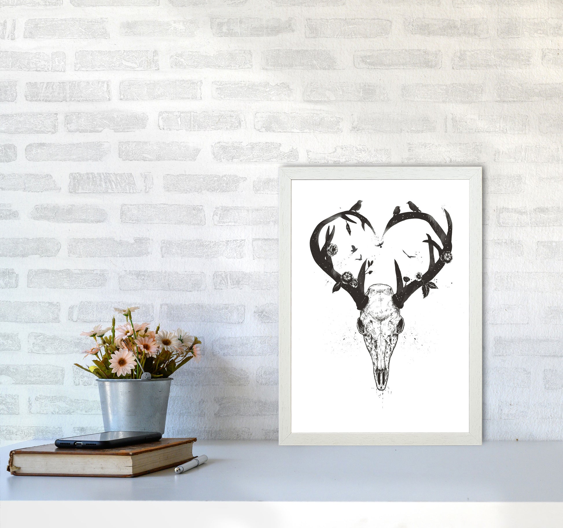 Never-ending Love Deer Skull B&W Animal Art Print by Balaz Solti A3 Oak Frame