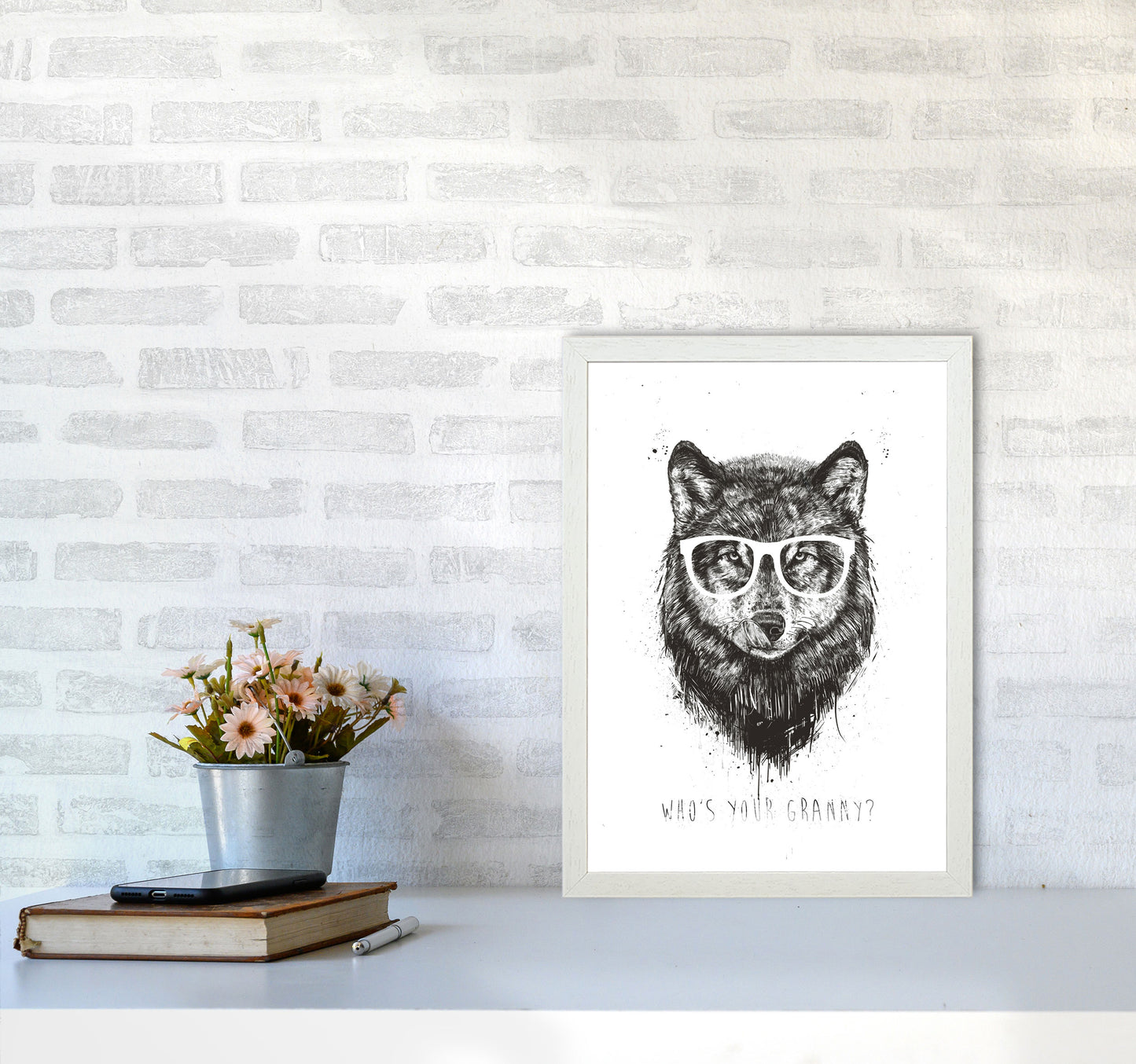 Who's Your Granny? Wolf B&W Animal Art Print by Balaz Solti A3 Oak Frame