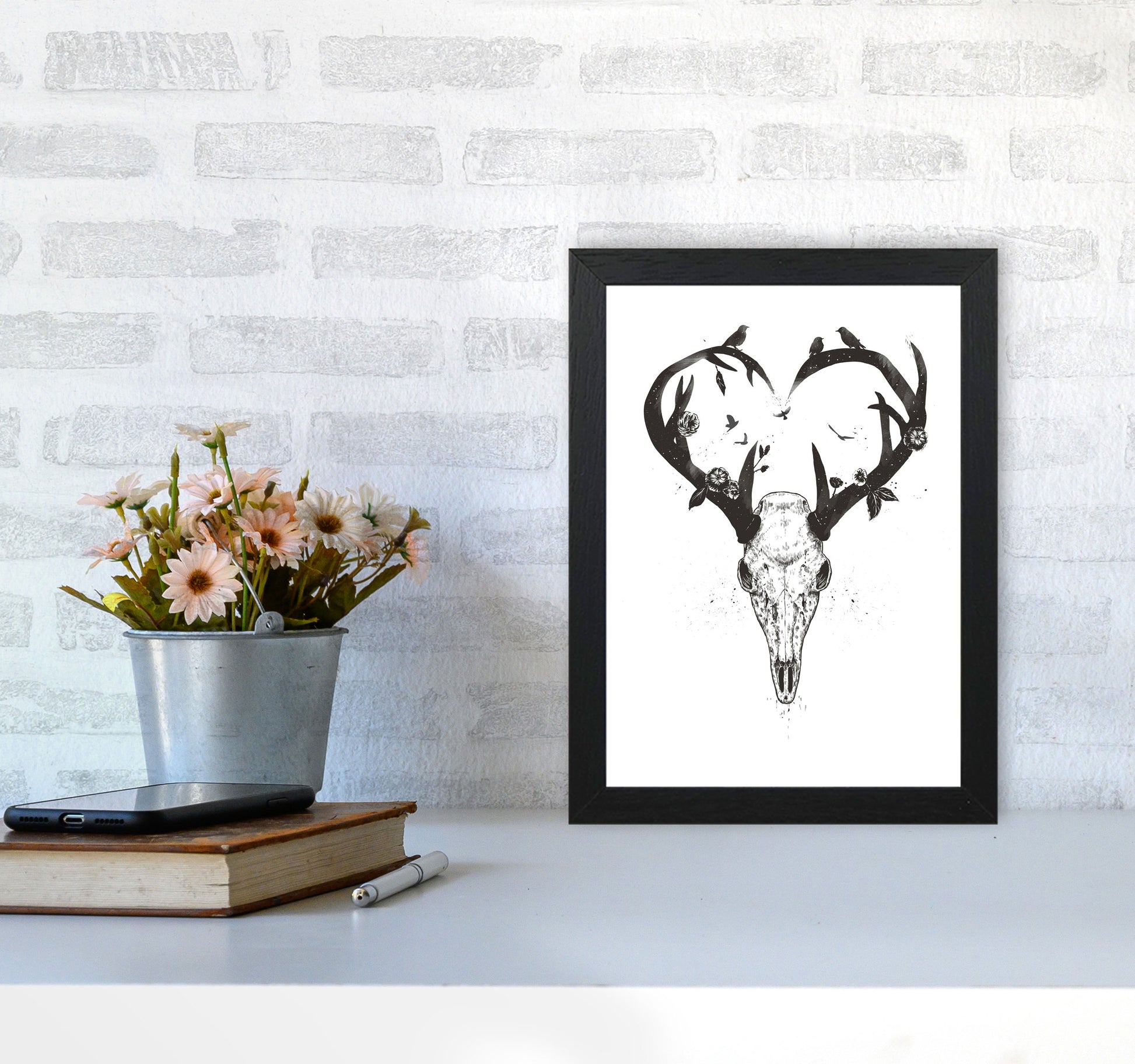 Never-ending Love Deer Skull B&W Animal Art Print by Balaz Solti A4 White Frame