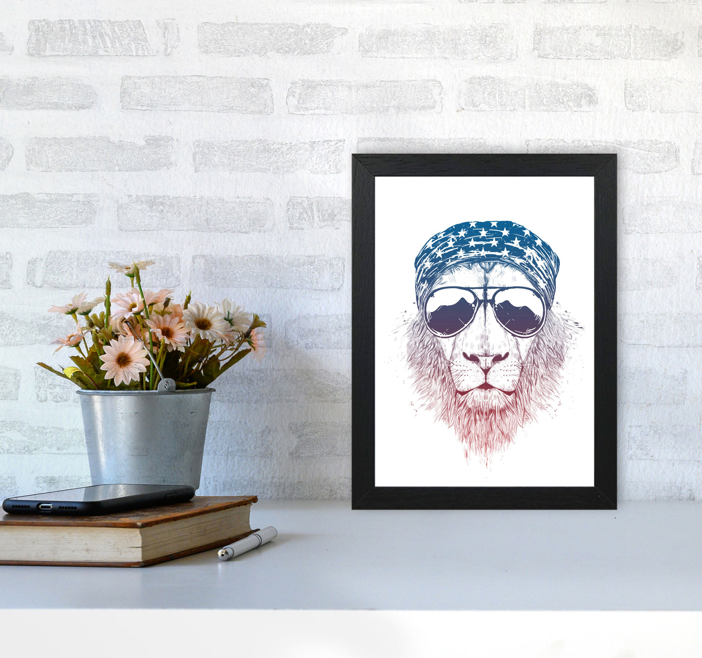 Wild Lion Colour Animal Art Print by Balaz Solti A4 White Frame