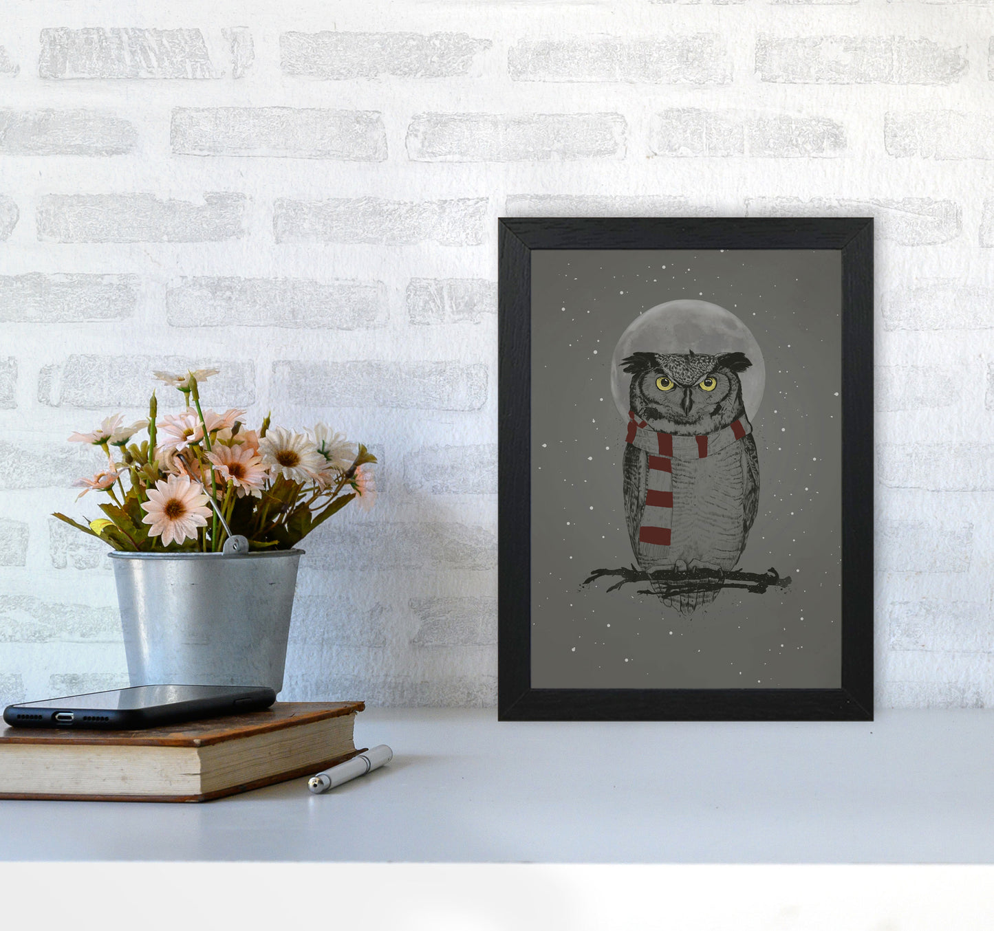 Winter Owl Animal Art Print by Balaz Solti A4 White Frame