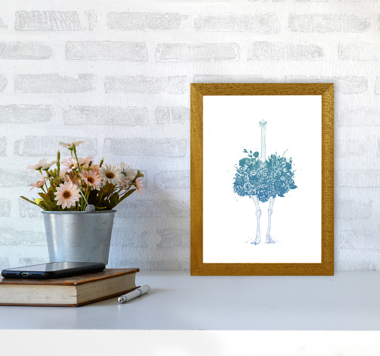 Floral Ostrich Teal Animal Art Print by Balaz Solti A4 Print Only