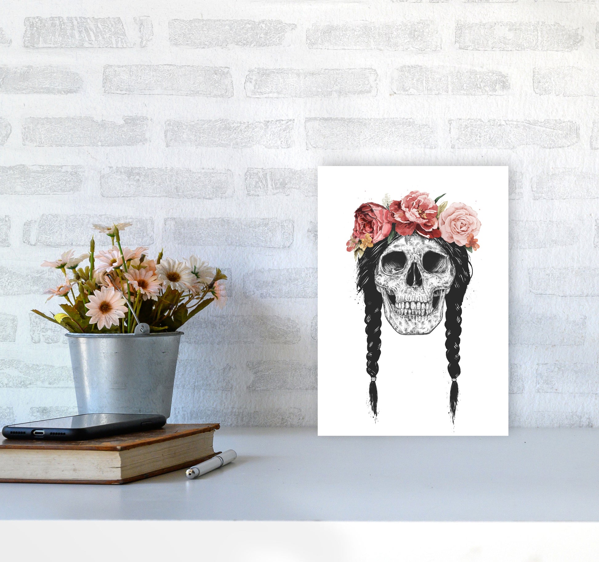Festival Floral Skull Art Print by Balaz Solti A4 Black Frame