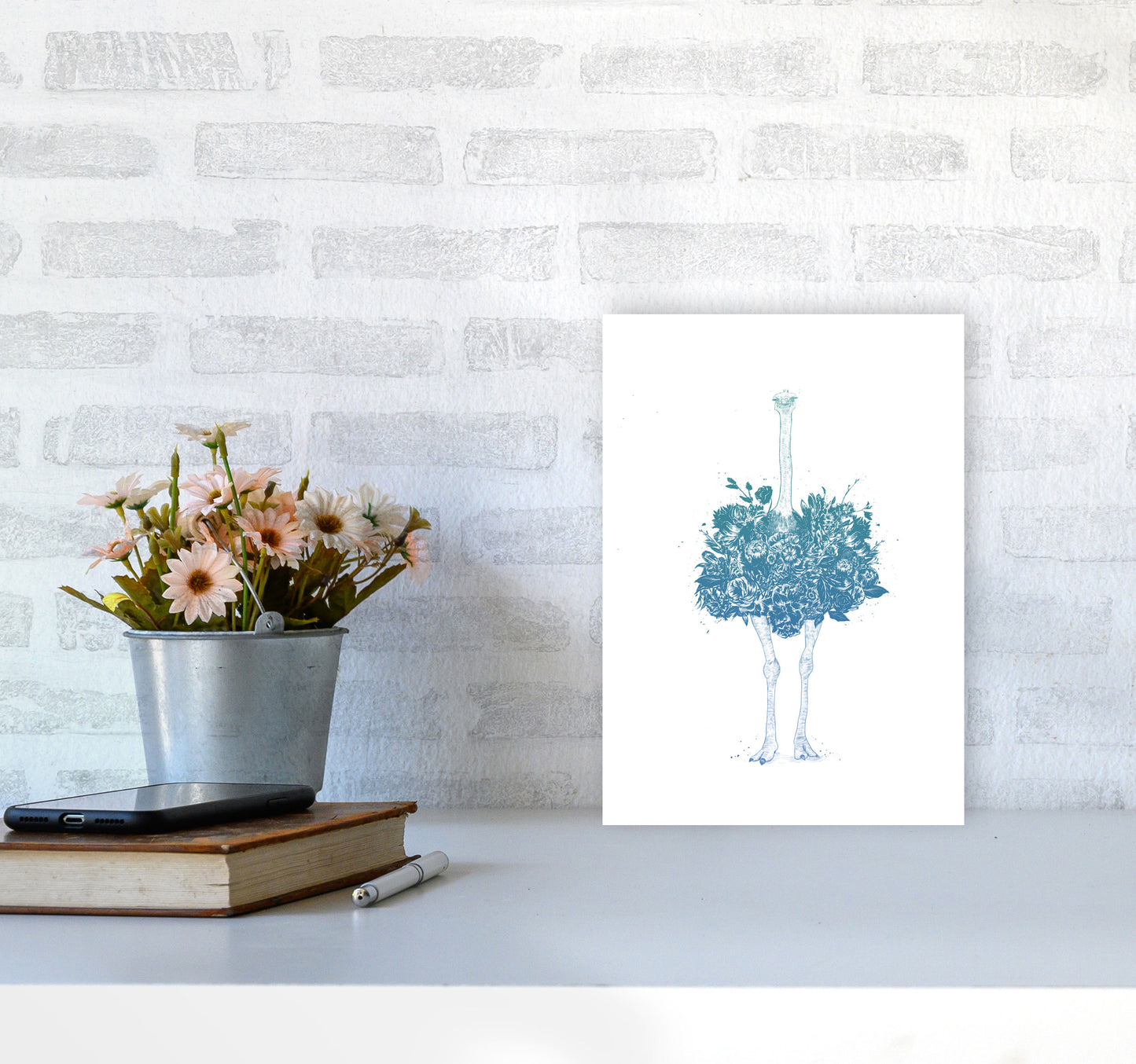 Floral Ostrich Teal Animal Art Print by Balaz Solti A4 Black Frame