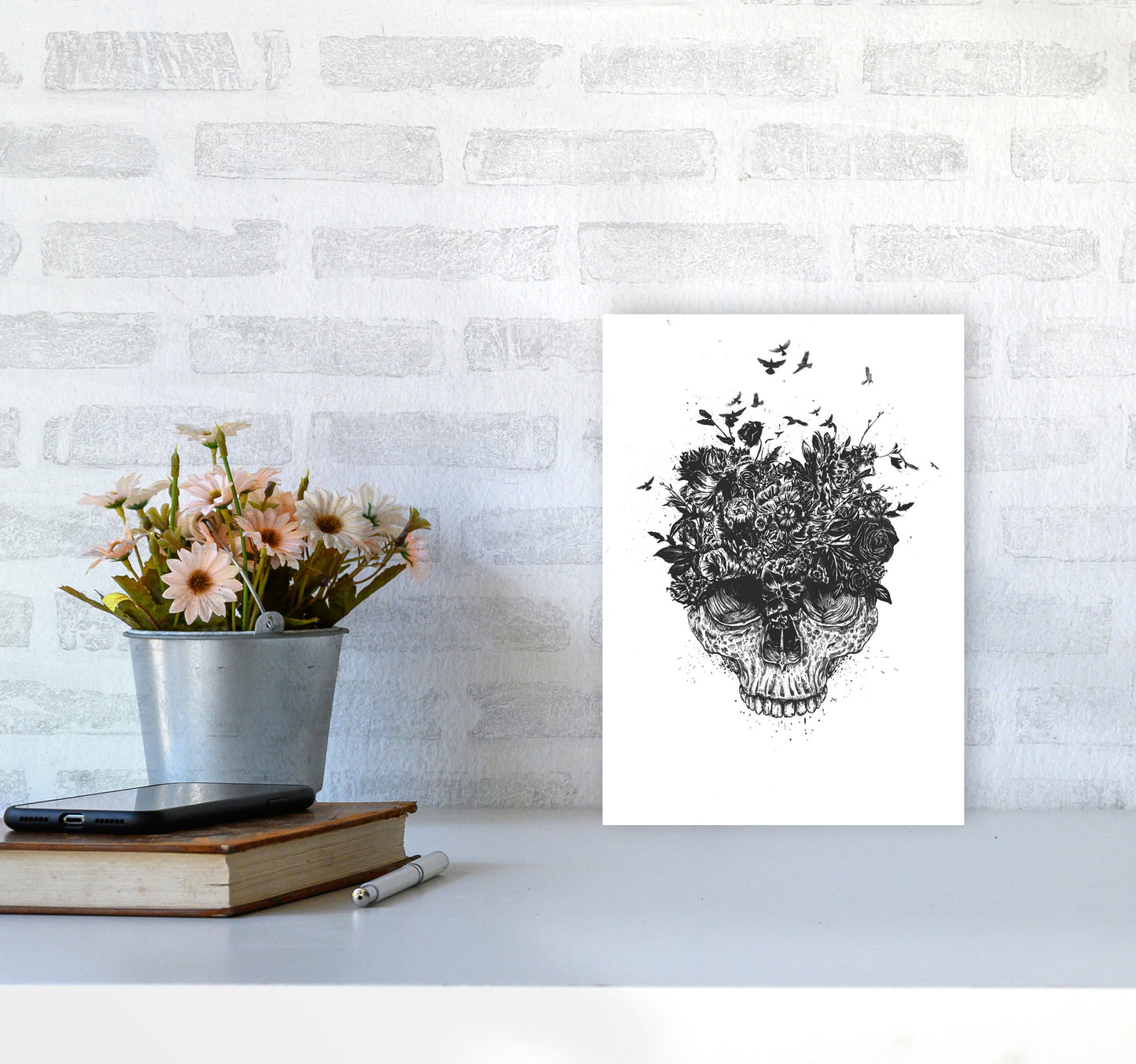 My Head Is A Jungle Skull B&W Art Print by Balaz Solti A4 Black Frame
