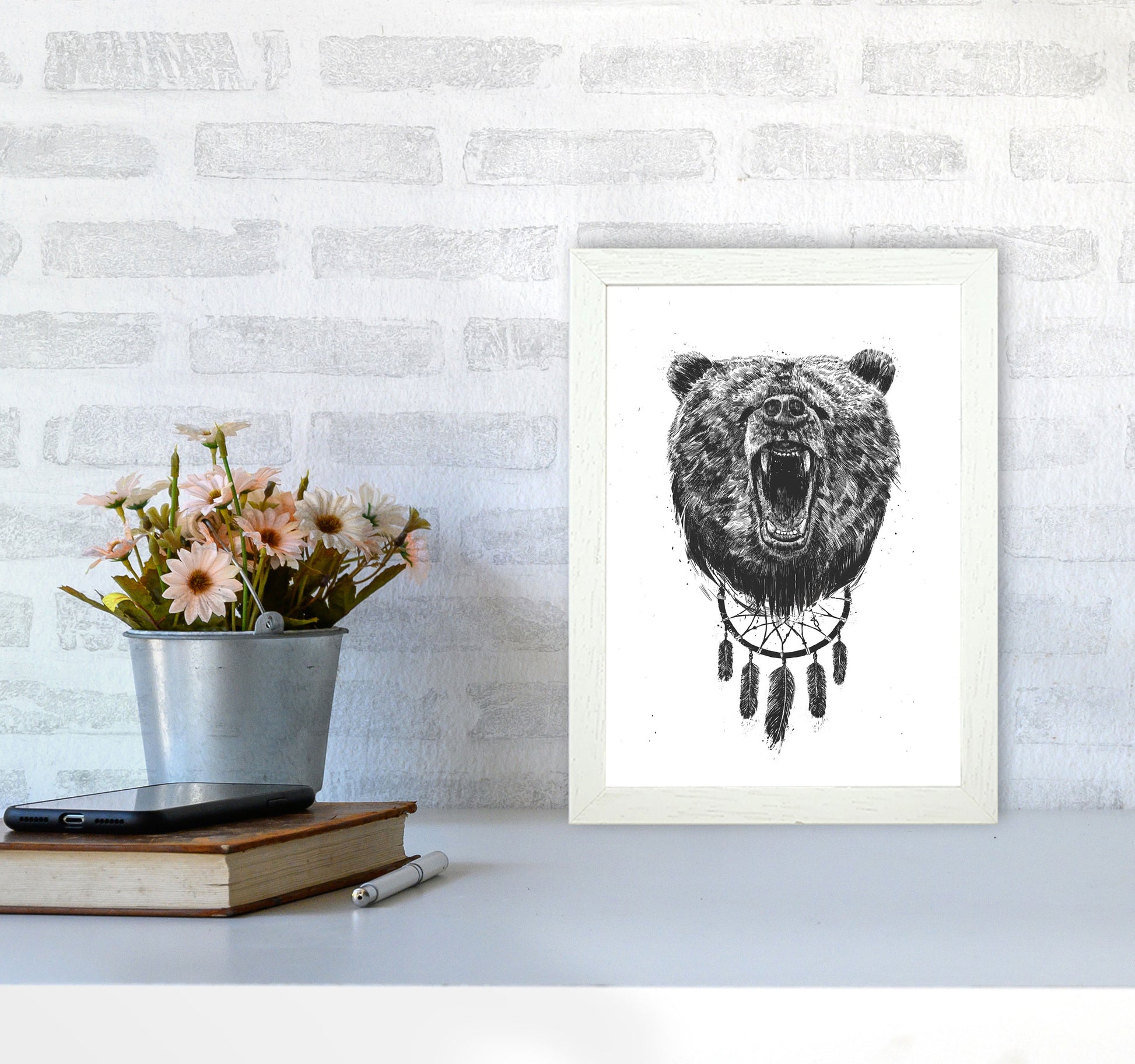 Don't Wake The Bear Animal Art Print by Balaz Solti A4 Oak Frame