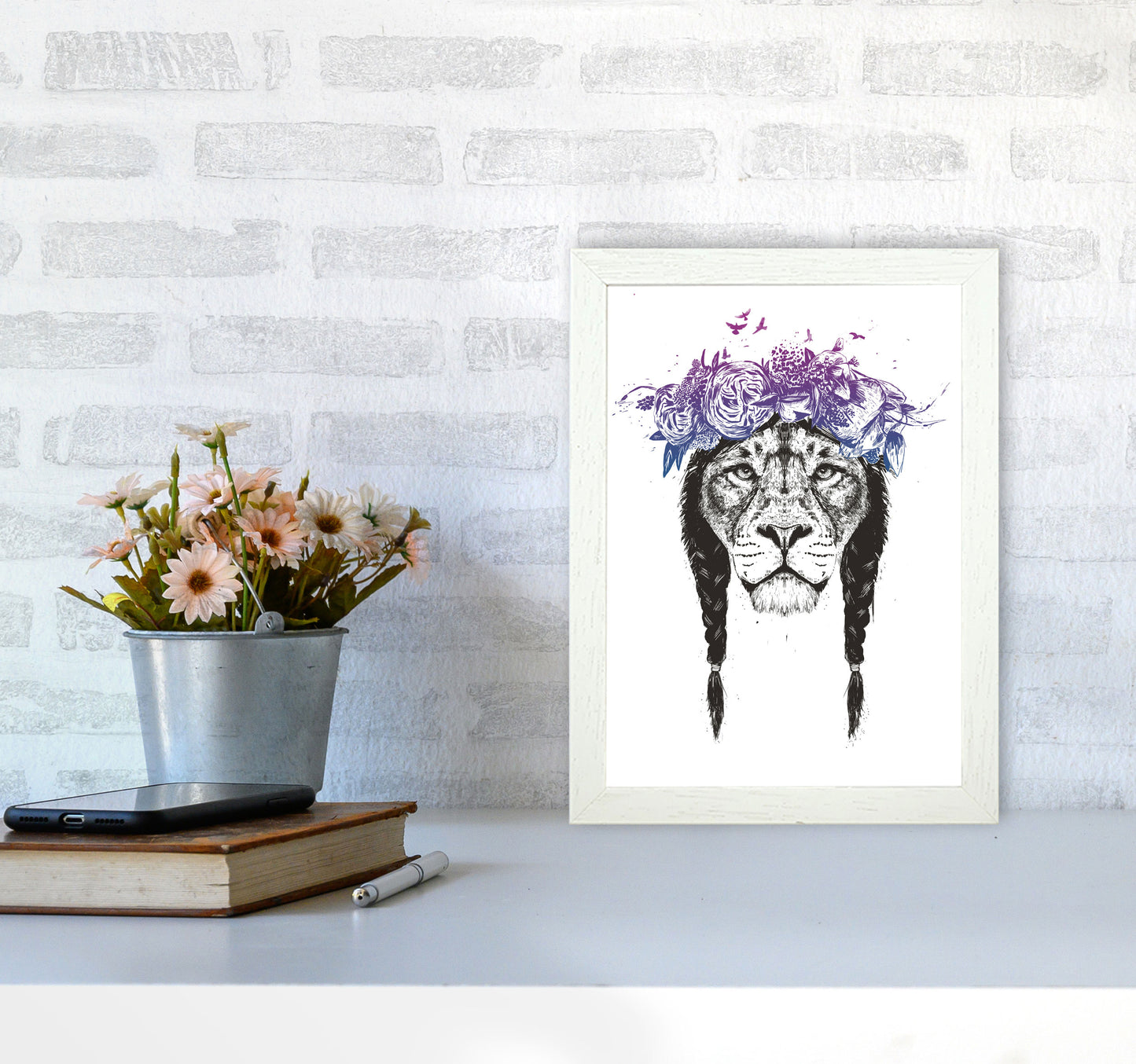 King Of Lions Animal Art Print by Balaz Solti A4 Oak Frame