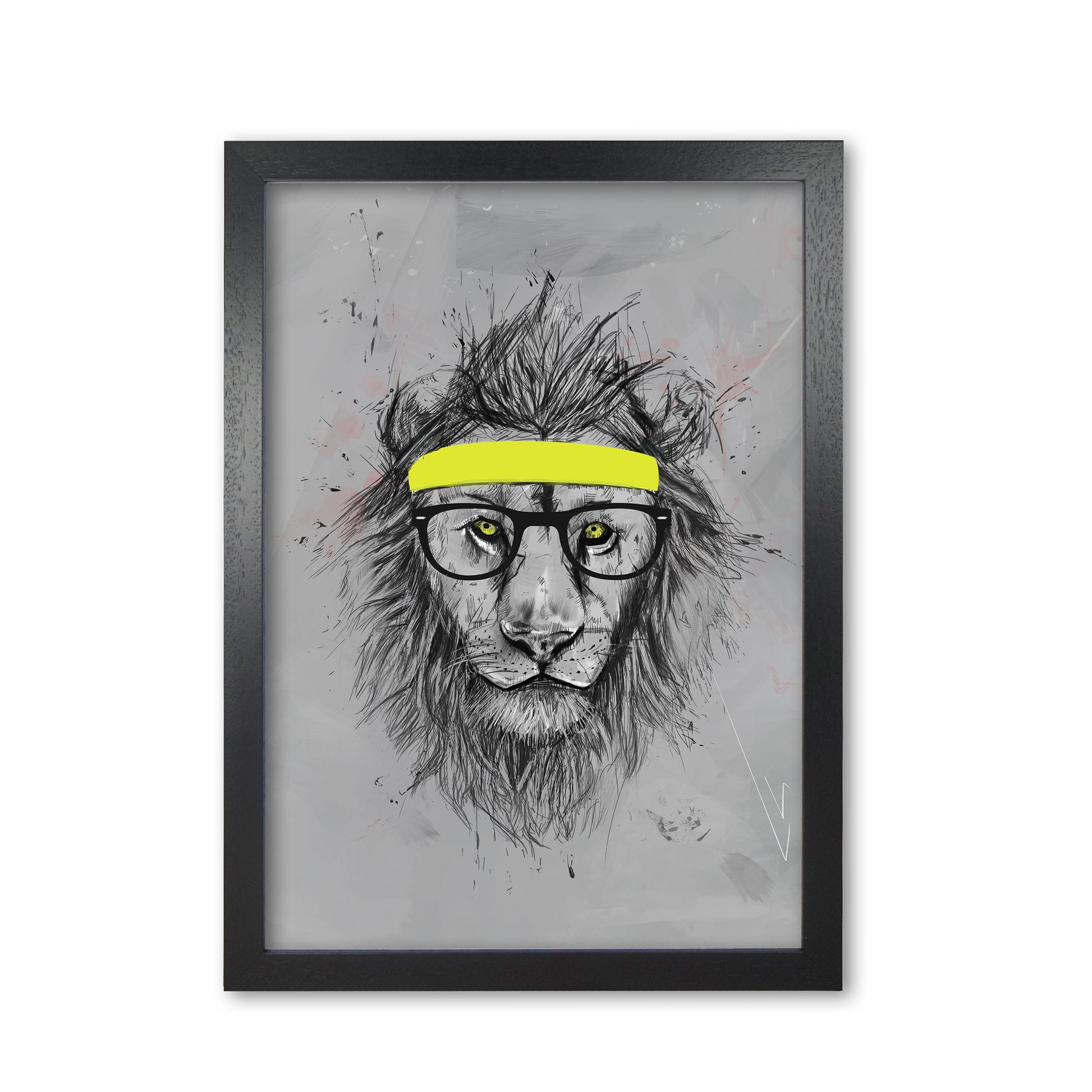 Hipster Lion Animal Art Print by Balaz Solti Black Grain