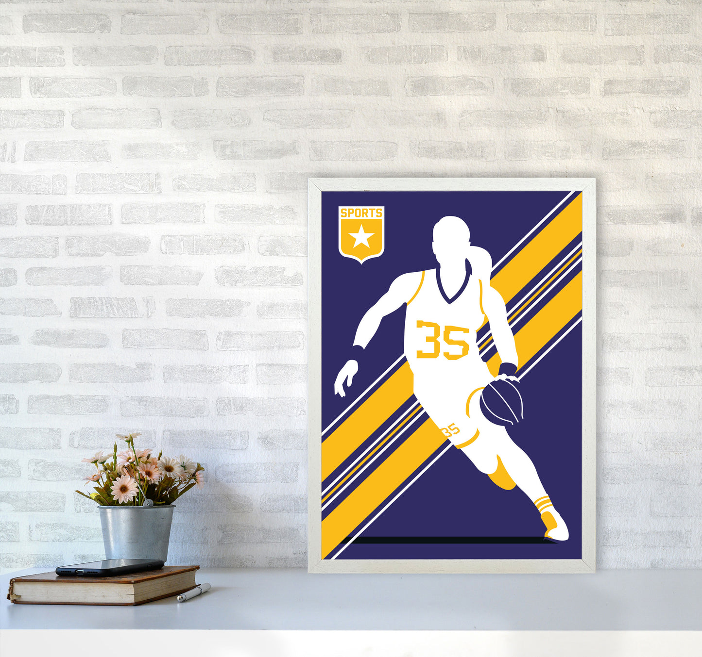 Basketball Blue Art Print by Bo Lundberg A2 Oak Frame