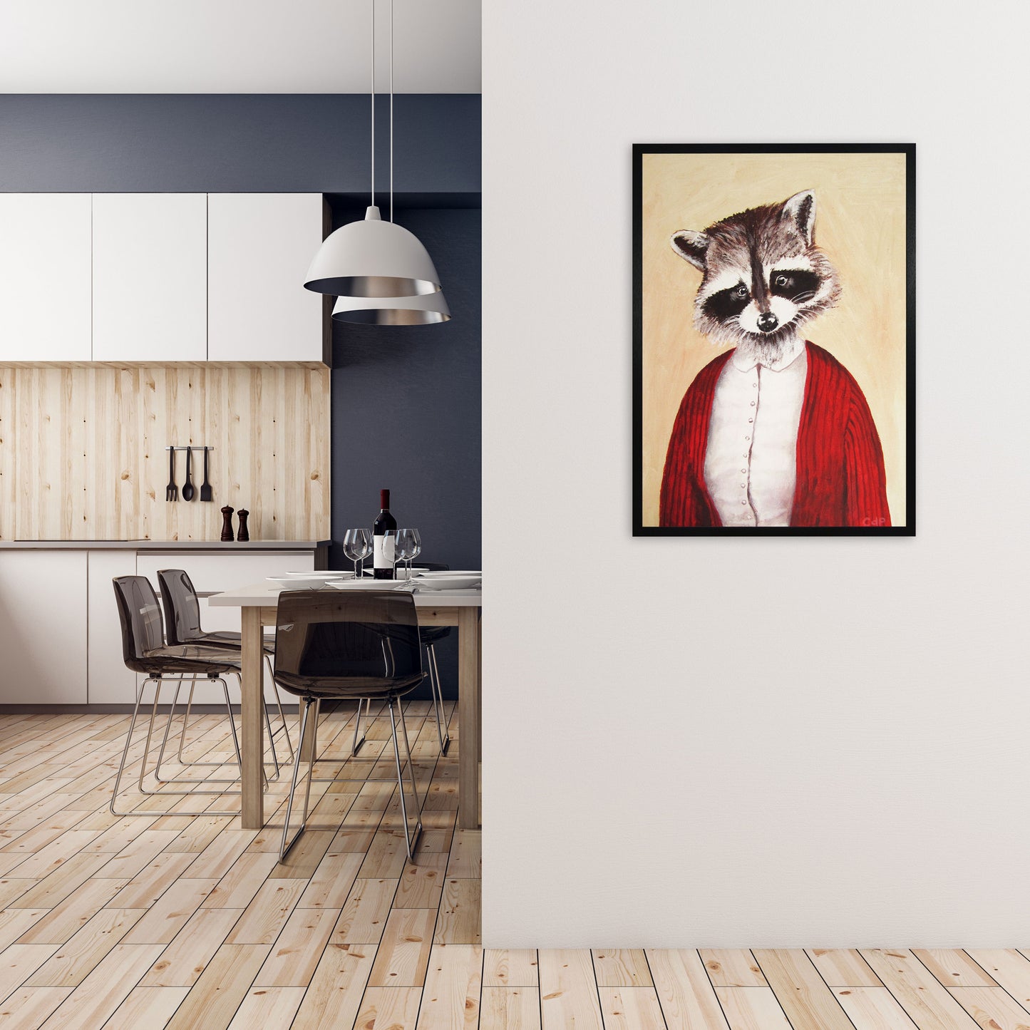 Racoon Art Print by Coco Deparis A1 White Frame