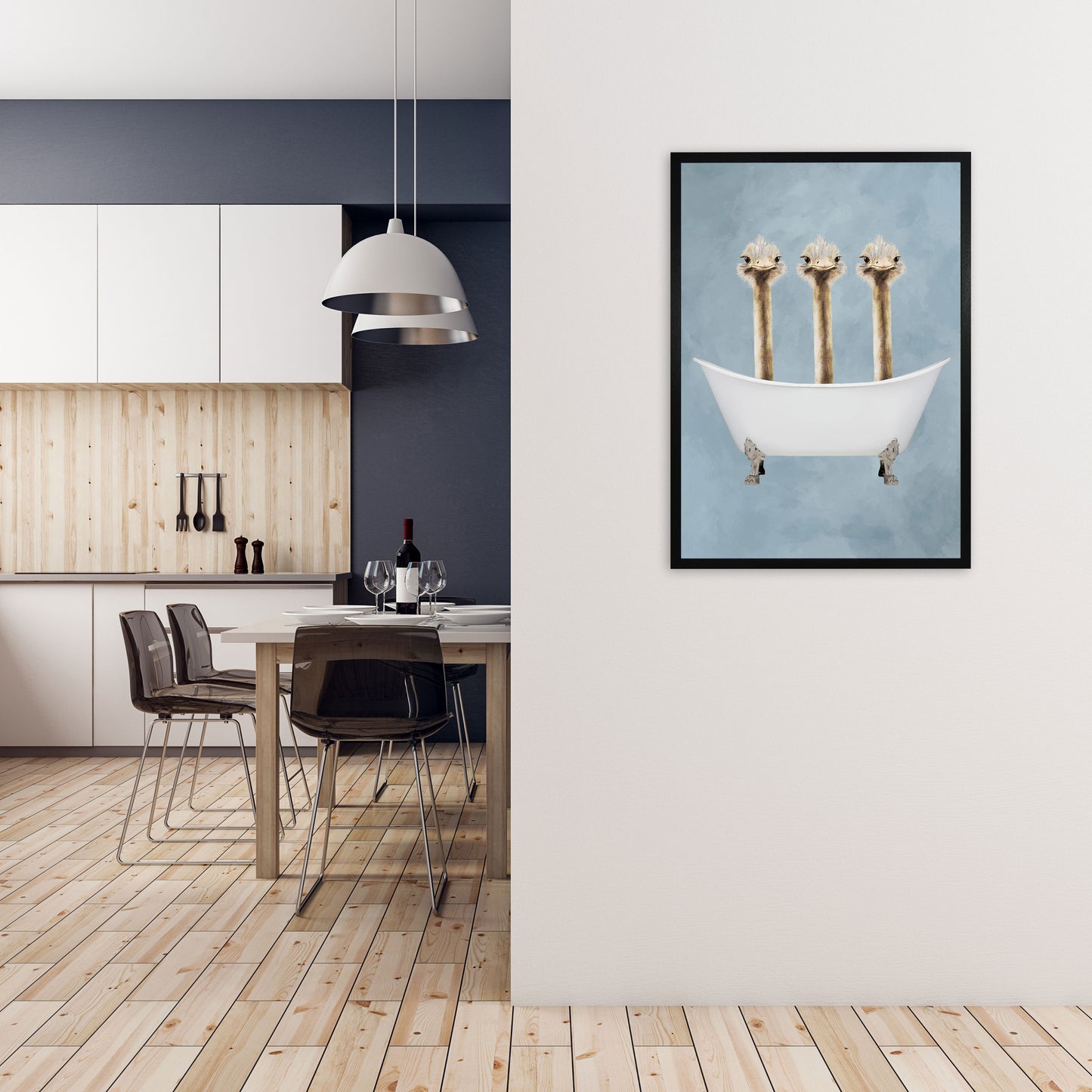 Ostriches In Bathtub Art Print by Coco Deparis A1 White Frame
