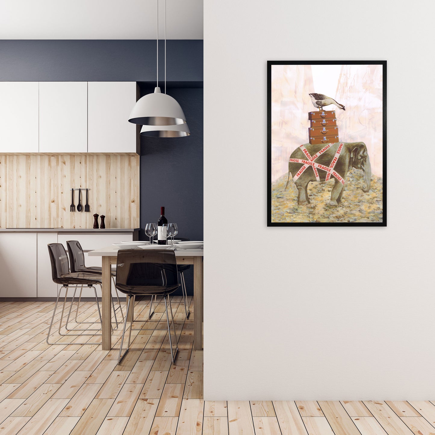 Elephant With Goose Art Print by Coco Deparis A1 White Frame
