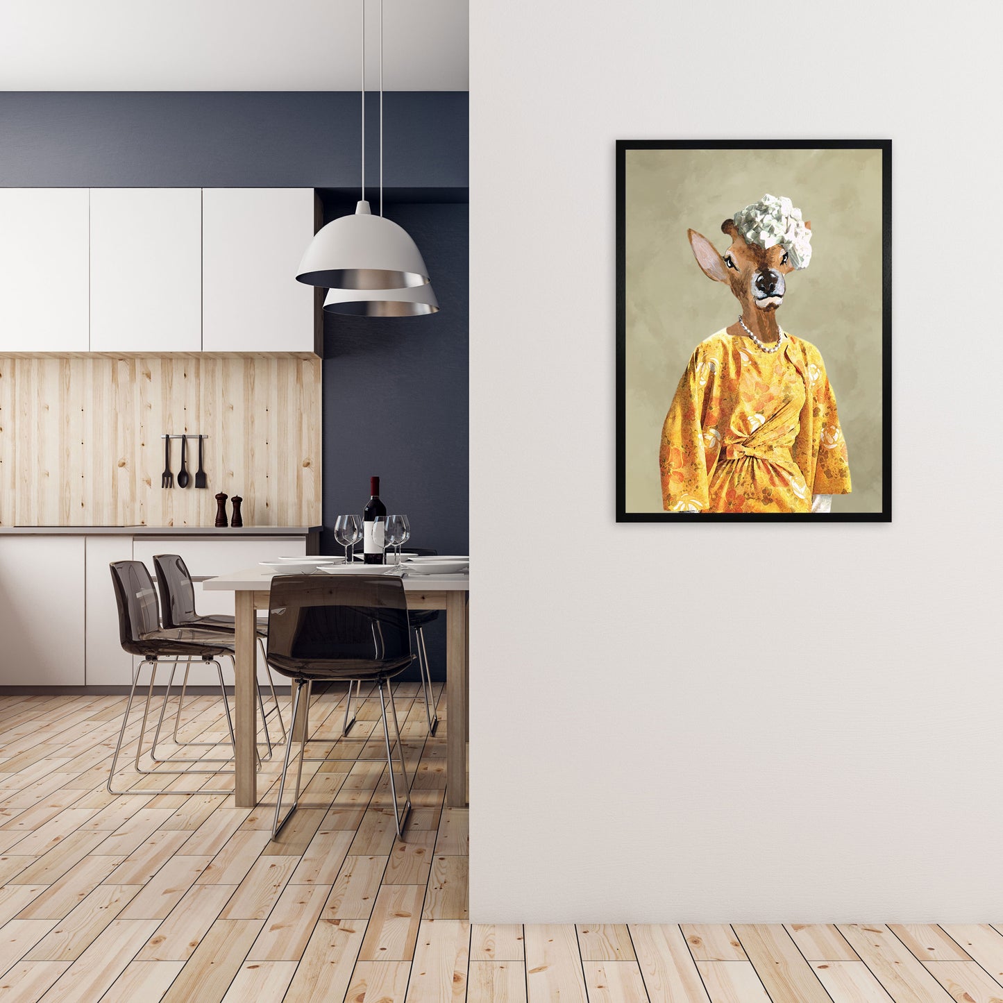 Deer Sixties Woman Art Print by Coco Deparis A1 White Frame