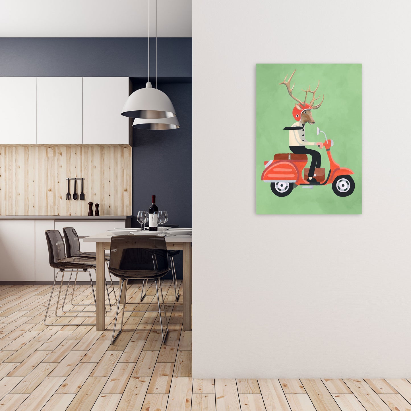 Deer On Scooter Art Print by Coco Deparis A1 Black Frame